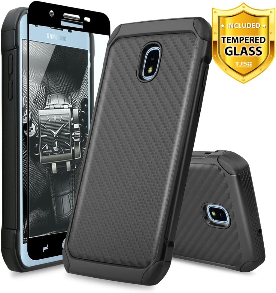TJS Galaxy J3 2018/J3 V 2018/J337/Express Prime 3/J3 Star/J3 Orbit/J3 Achieve/J3 Prime 2/Amp Prime 3/Sol 3 Case, with [Full Coverage Tempered Glass Screen Protector] Carbon Fiber Phone Case (Black)