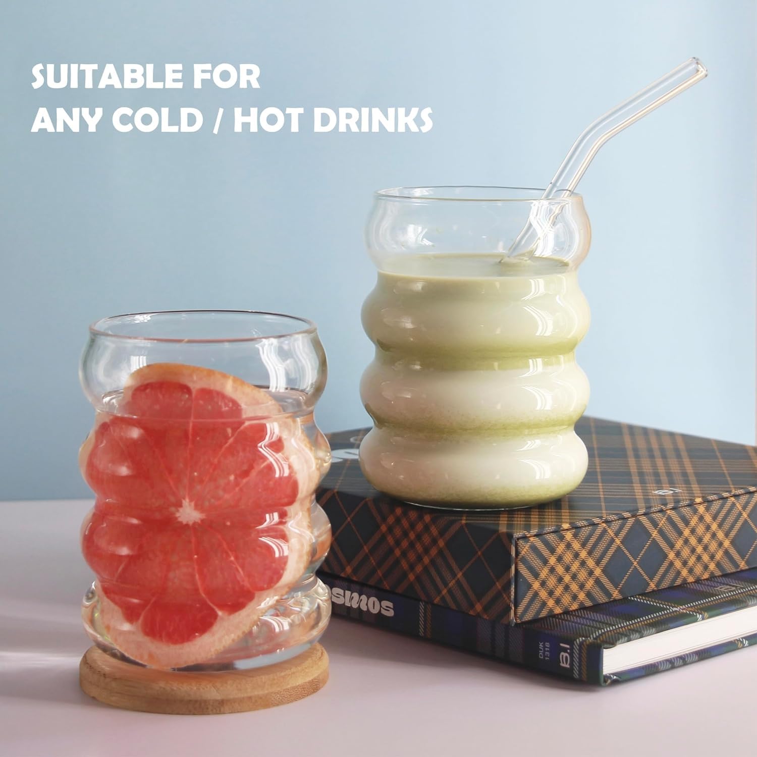 Generisch 8 Stück Wellenförmiges Gewinde-Glas – Retro-Ästhetik, 350 ml/12 oz. Ideal für Cocktails, kalte Getränke, Kaffee, Eiscreme, Limonade und Fruchtsäfte