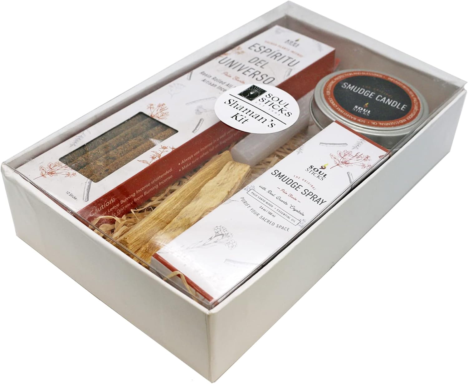 SOUL STICKS Shaman's Kit | Gift Set with Espiritu Incense Sticks, Sage Smudge Stick, Smudge Candle, Smudge Spray, 4 Selenite Wand in White Gift Box (Palo Santo)