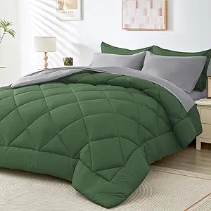 HEVUMYI King Comforter Set - 7-Piece All Season Bed in a Bag King, Ultra Soft Bedding Set with Comforter, Flat Sheet, Fitted Sheet, Pillowcases, Pillow Shams, Green & Light Grey