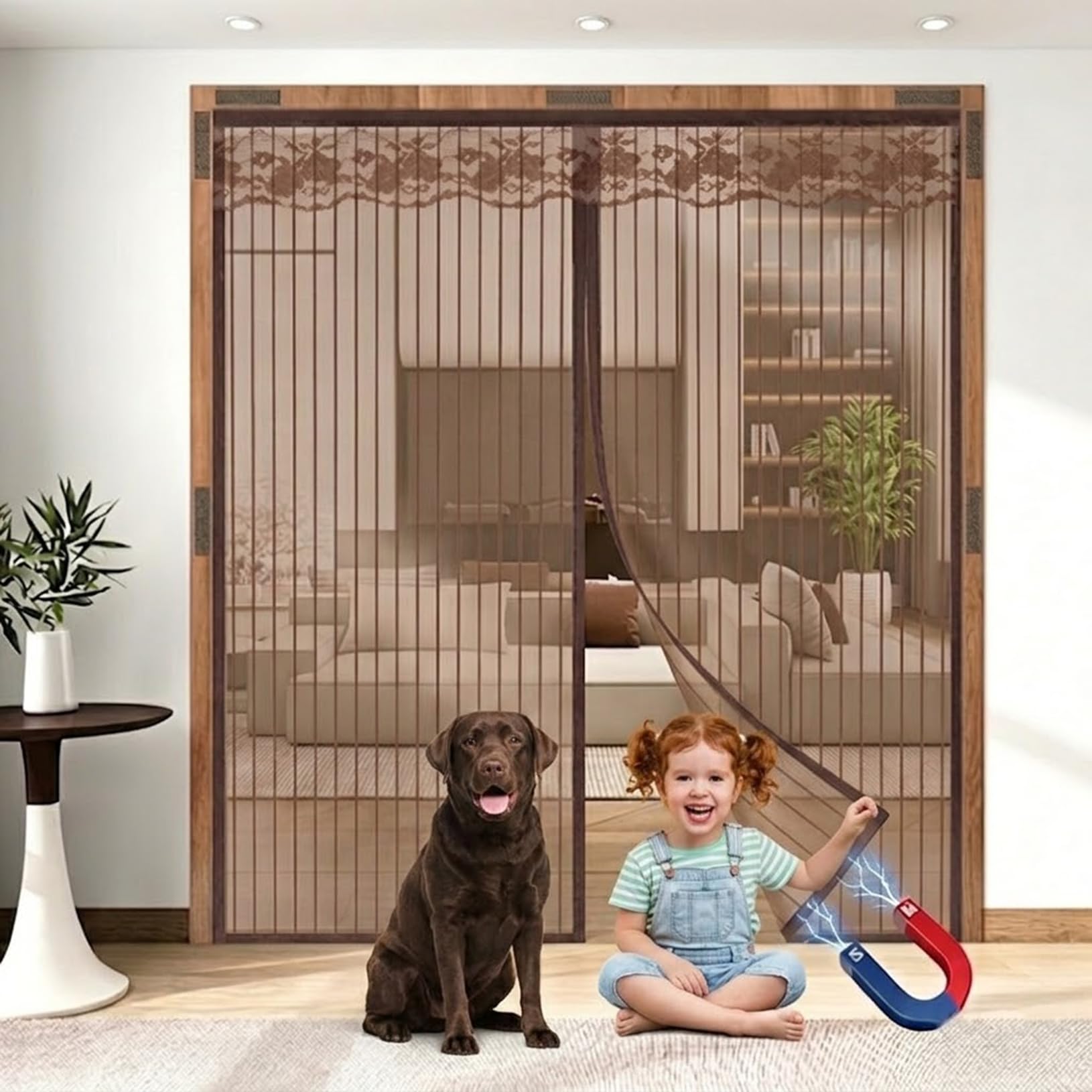Lorxilar Magnetic Window Fly Screen DIY Insect Mesh Netting for Window Frames Fixed Size Full-Frame Self-Adhesive Screen Net Brown, W 90CM/ H150CM