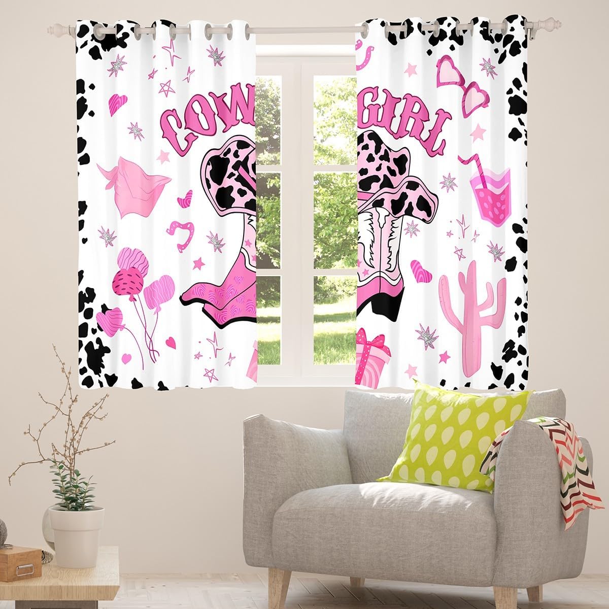 Pink Cowgirl Window Curtain,Milk Cow Print Cowboy Hat Boots Cactus Blackout Window Drapes for Bedroom Decor,Stars Horseshoes Western Rodeo Window Treatment Curtains for Kids, 52Wx96L inch
