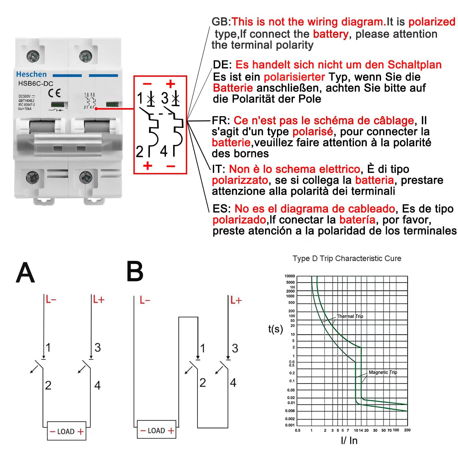Heschen DC miniatuur stroomonderbreker, HSB6C-DC, 2 Polen, DC500V 6A, fotovoltaïsche stroomonderbreker, voor zonne-PV-systeem zonnepanelen rastersysteem, 35mm DIN-rail montage