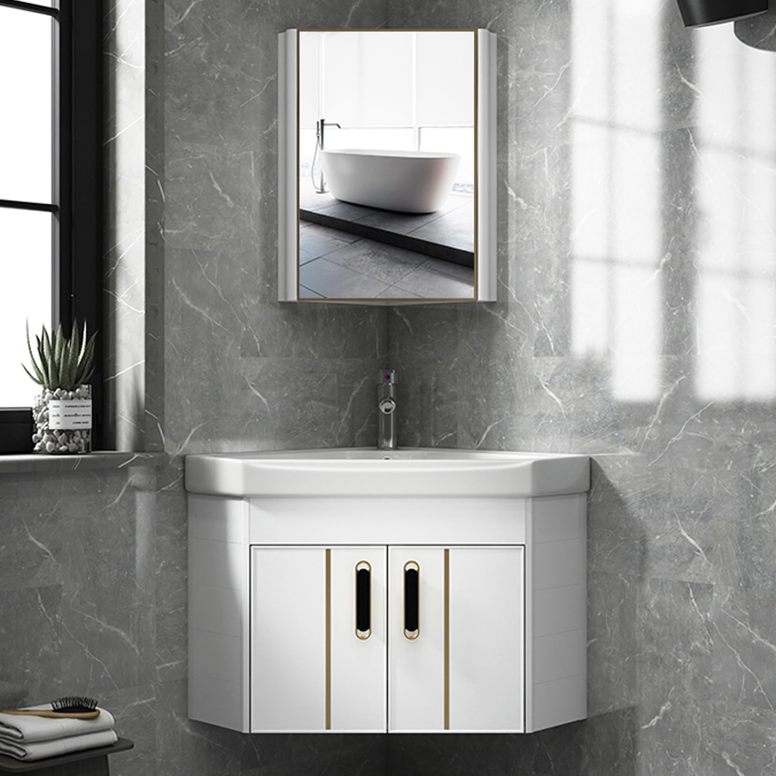 GLJTUO Corner Wall Mount Bathroom Vanity with Ceramic Sink Storage Container and Cabinet Space Saving Aluminum Material,White-48cm/18.9in