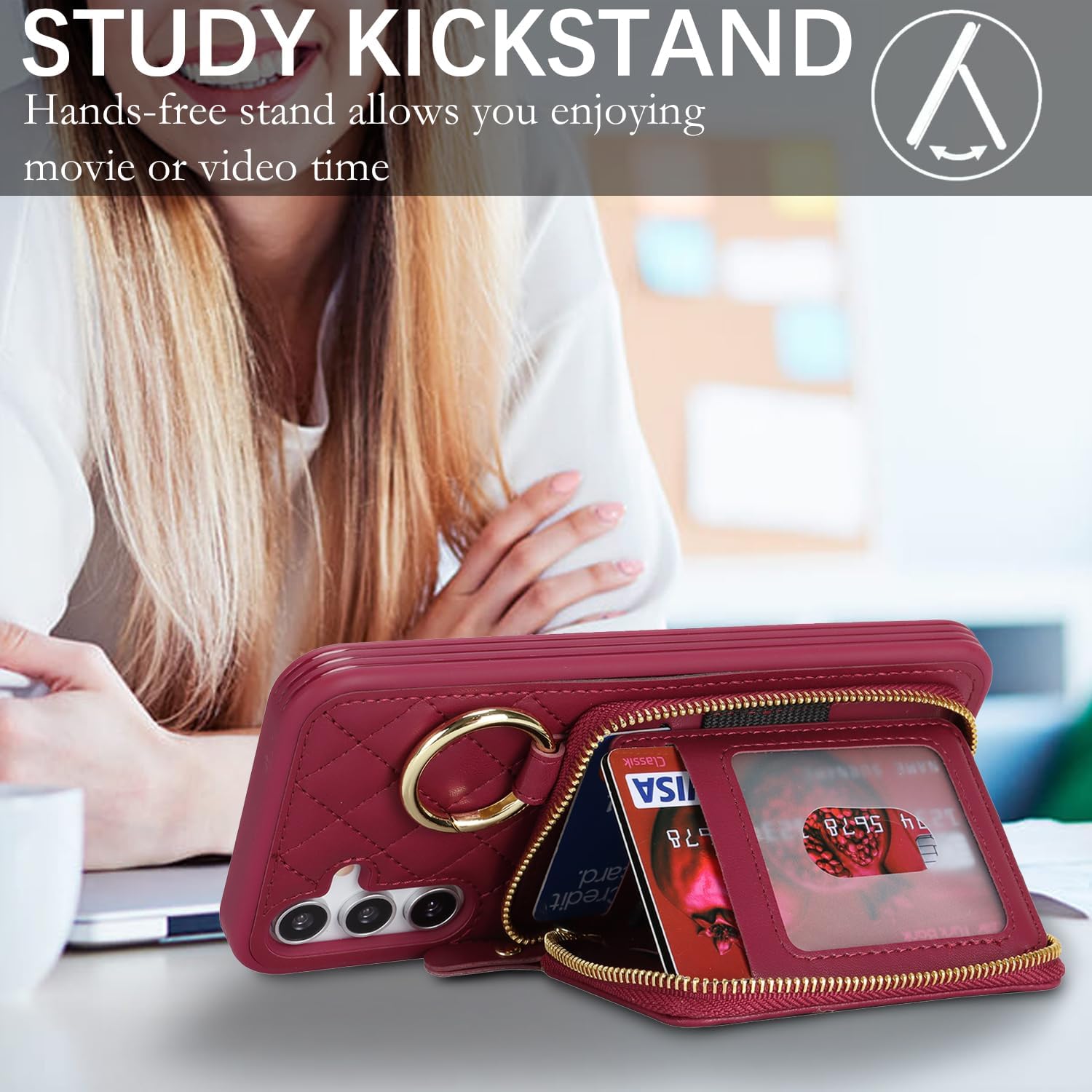 for Galaxy A16 Case Wallet with Card Holder,for Galaxy A16 Phone case Wallet with Zipper with Slot Kickstand Stand Case for Women and Man-Dark red
