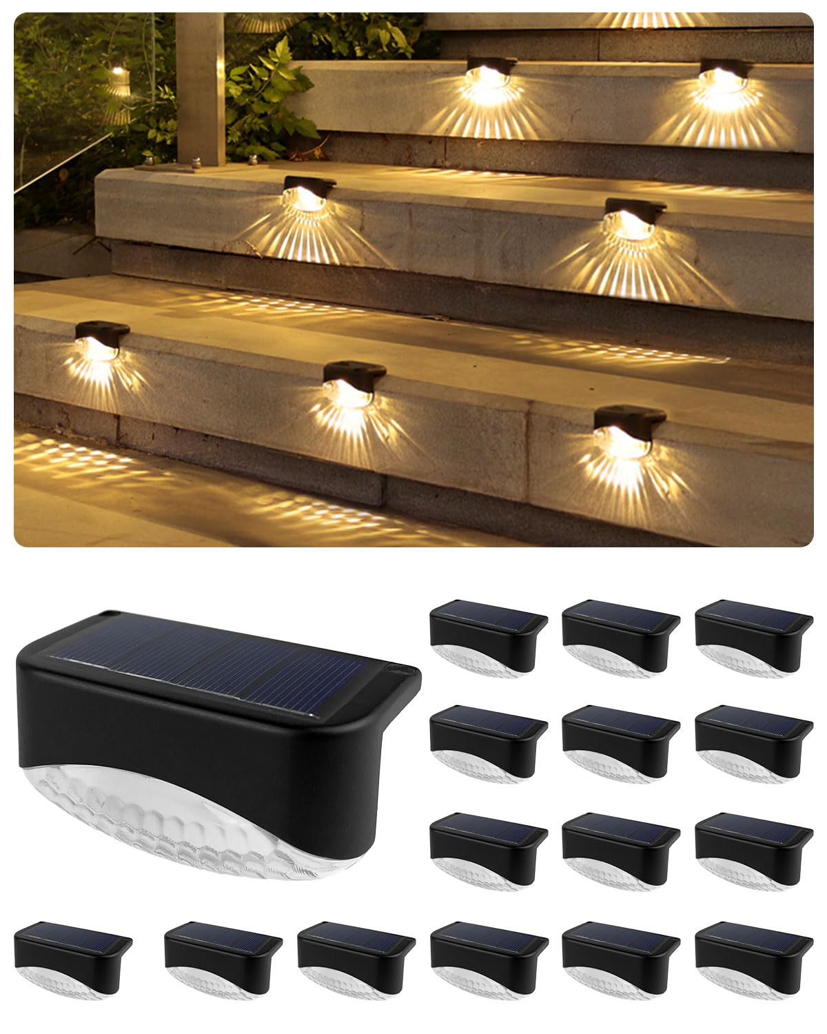 KALAHOL 16 Pack Solar Fence Lights, IP65 Waterproof LED Solar Step Lights Outdoor, Solar Lights Outdoor Garden for Stairs, Fences, Railings, Yards, Pathways and Garden Decorations (Warm White)
