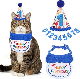 YUXIANLB Fournitures d'anniversaire pour chat et chaton - Chapeau d'anniversaire avec chiffres - Bavoir pour animaux de compagnie