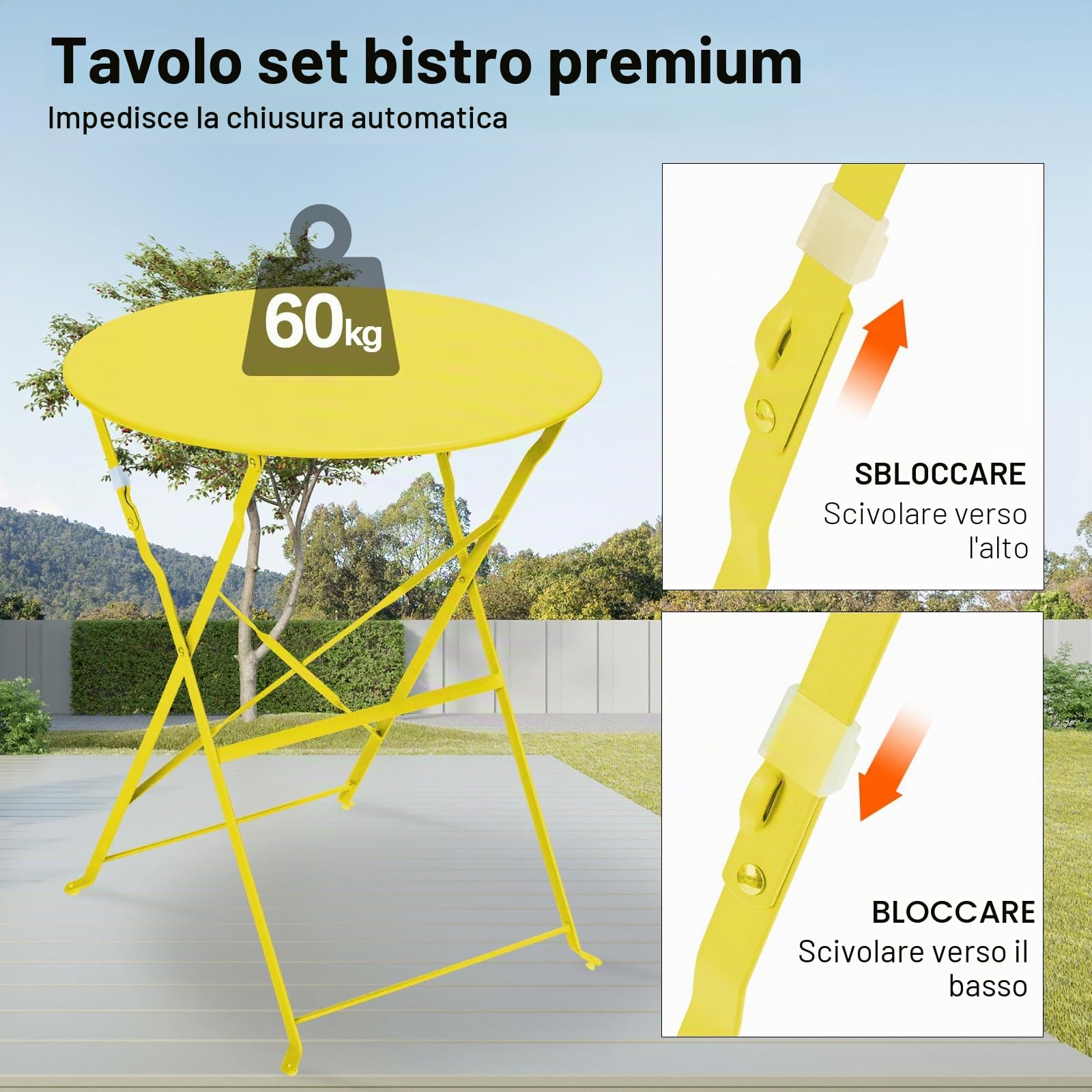 LIFERUN Set da Bistrot Pieghevole 3 Pezzi, Tavolo da Giardino Bistrot in Metallo, 1 Tavolo e 2 Sedie per Piccoli Balconi, Resistente alle Intemperie, per Balcone, Giardino e Terrazzo, Giallo