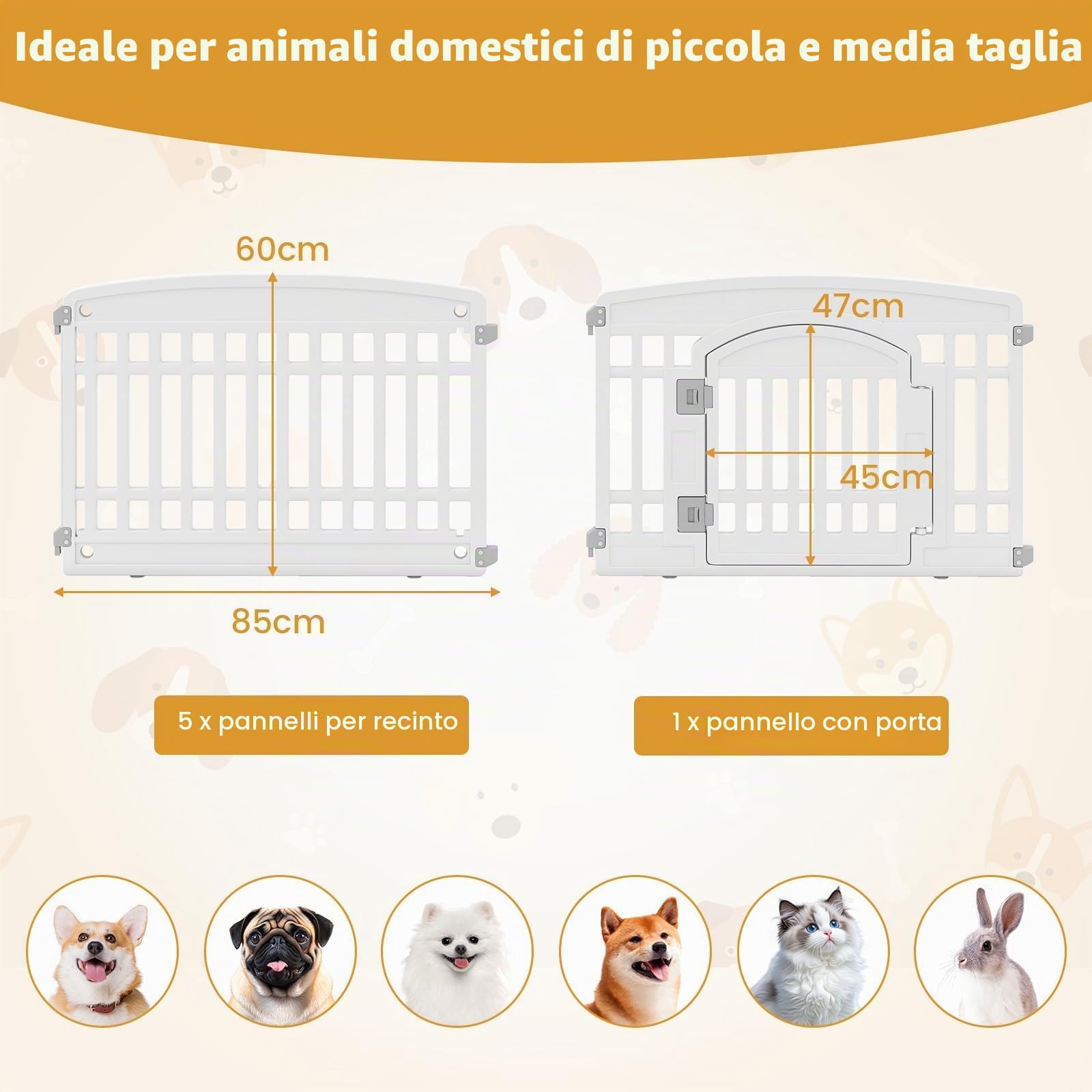 FANTASK Rastrelliera pieghevole per cani da esterno e interno, beccuccio per cani con porta a chiave e 6 pannelli, box per cuccioli in plastica, altezza 60 cm (bianco)