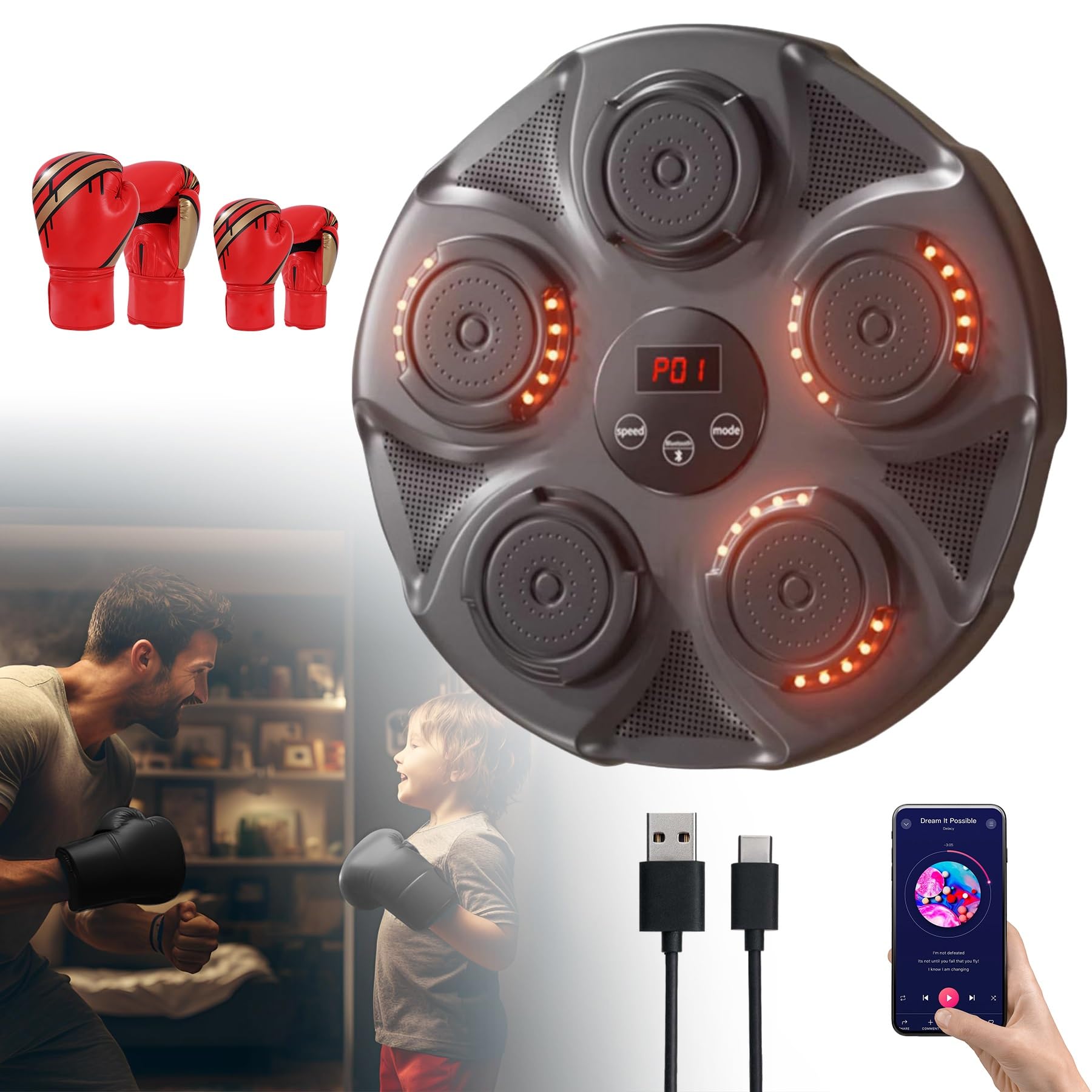 15.7IN Music Boxing Machine With 5 Lights And Bluetooth Sensor Punching Bag Training Equipment Indoor Music Boxing Wall Target Boxing Training Equipment For Home Exercise/Stress Release (Color : Blac