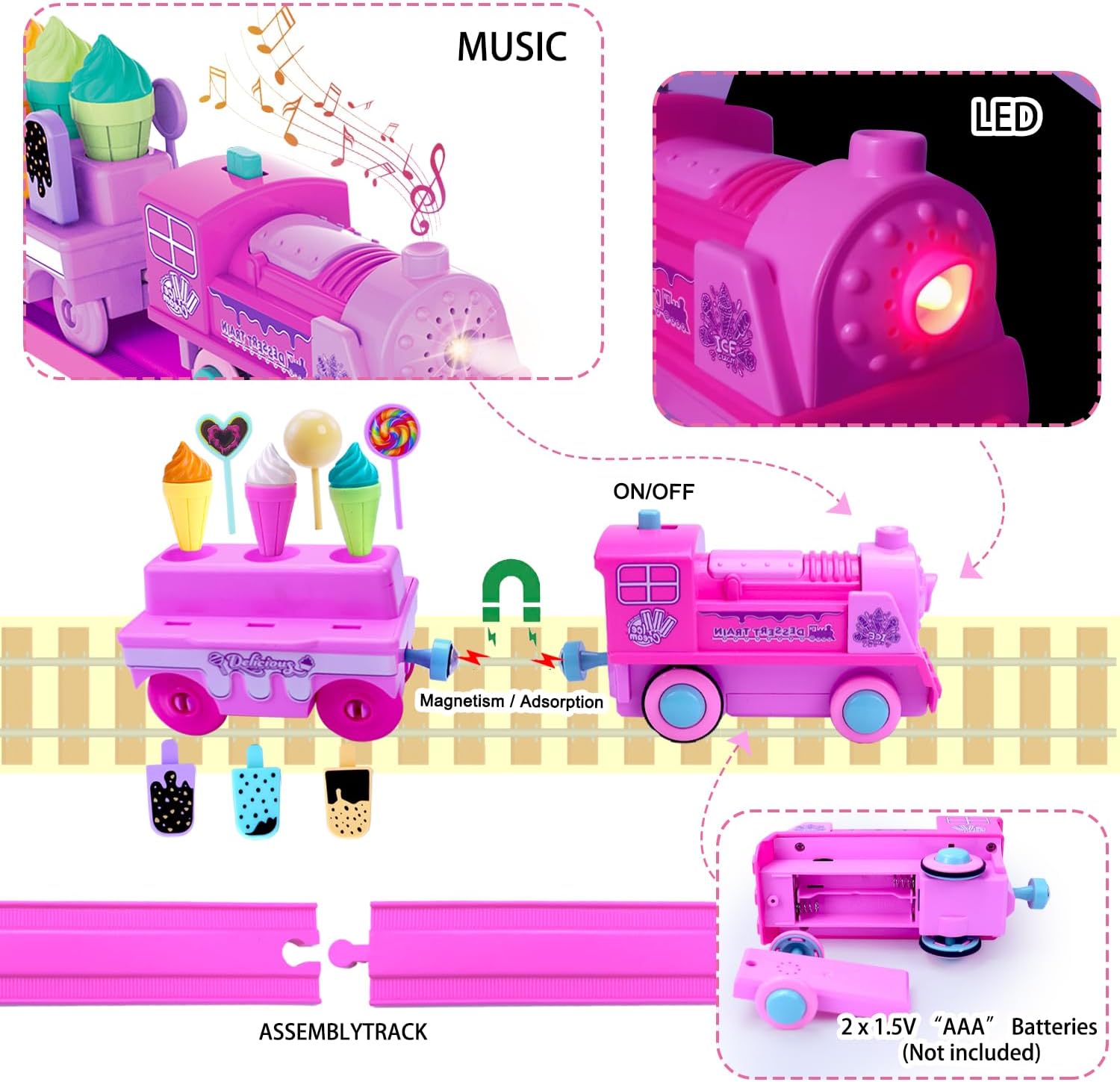 Pink Classic Train Sets for Toddlers|Musical Electric Train Toys with DIY Ice Cream Truck 3D Foam Puzzles Party Scene Building Kit for Girls Boys 3-5 Years Old Parent-Child Interaction Birthday Gift-A