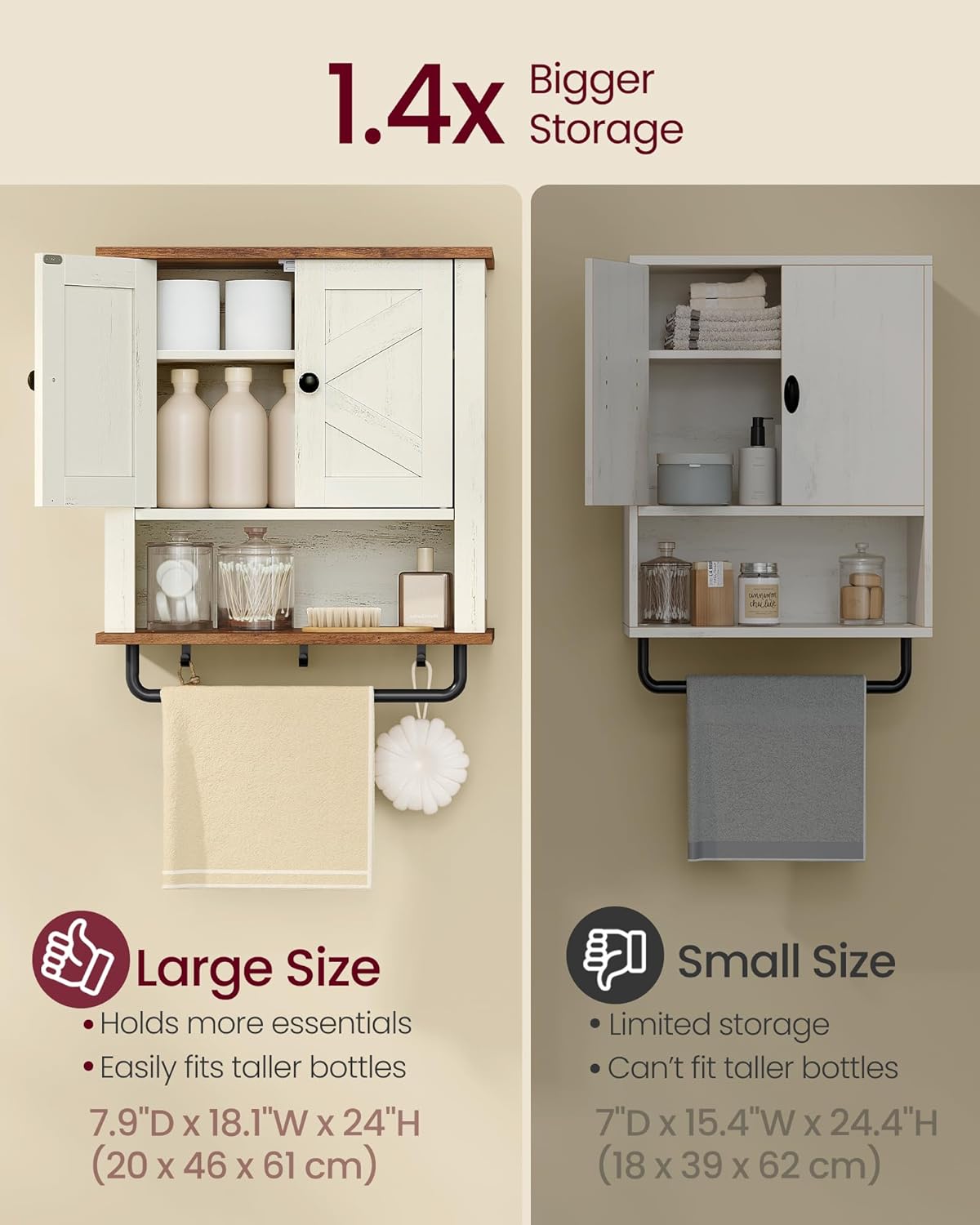 VASAGLE LIRY Collection - Bathroom Wall Cabinet, Farmhouse Wall-Mounted Medicine Storage Cabinet with 2 Barn Doors, Adjustable Shelf, Towel Bar, 7.9 x 18.1 x 24 Inches, Rustic White UBBK132W01S