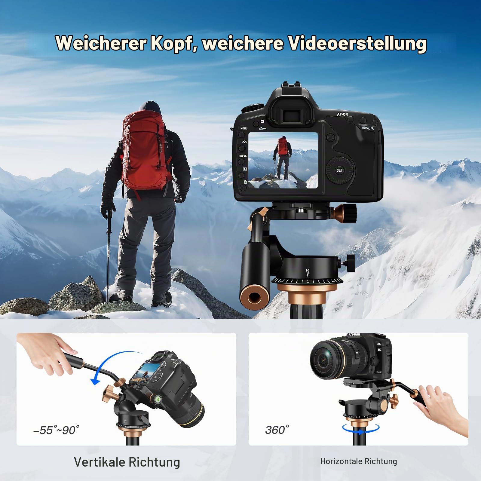 Soonpho Q-08S Heavy Duty Videokamera Stativ Fluidkopf Schwenkkopf mit verlängertem Griff, Stativkopf mit 1/4 Zoll Schraub-Schiebeplatte 360 Grad drehbarer für DSLR, Camcorder, Einbeinstativ