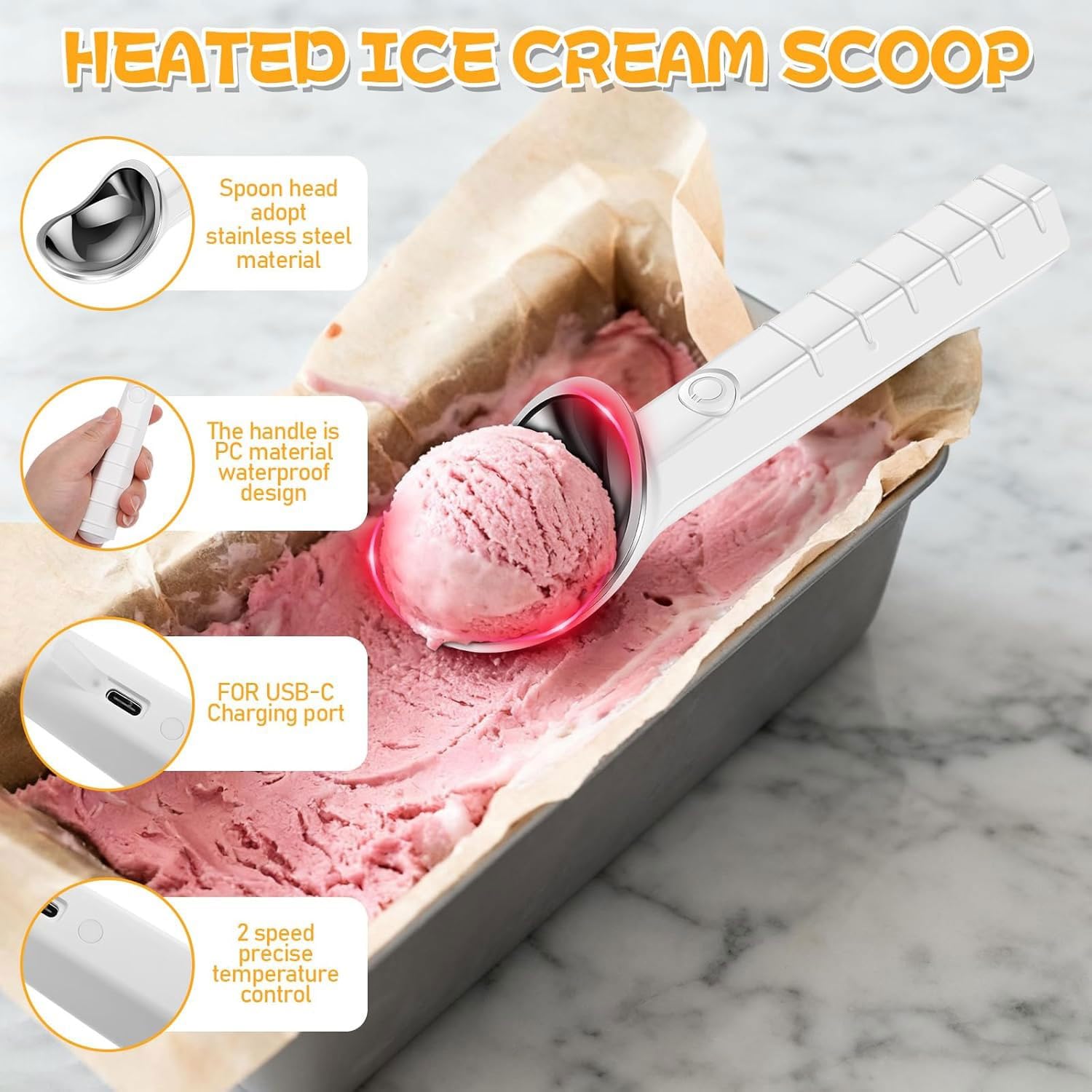 Paletta per gelato riscaldata, ricaricabile, elettrica, con 2 impostazioni di temperatura, in acciaio inox, per gelato, frutta, purè di patate, polpette
