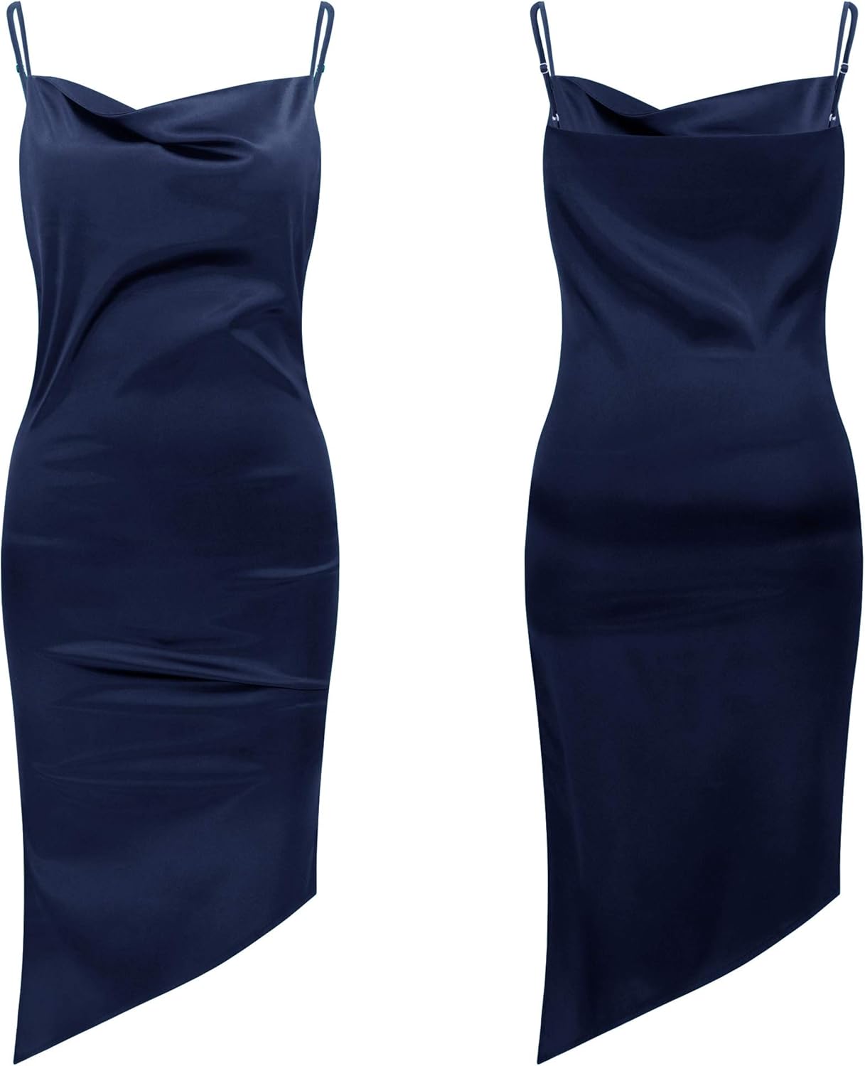 R.Vivimos Women's Satin Dress Spaghetti Straps Side Slit Cowl Neck Irregular Hem Midi Dress - Image 6