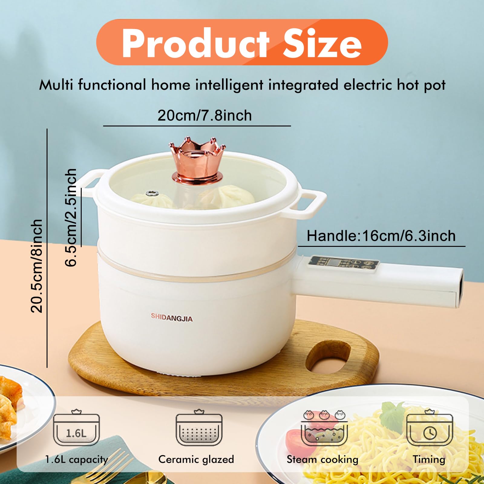 Olla eléctrica con vaporizador, olla caliente eléctrica de 1,6 L, mini multicocina antiadherente, mini sartén eléctrica, función de programación, cocina ramen rápida para el hogar, oficina o