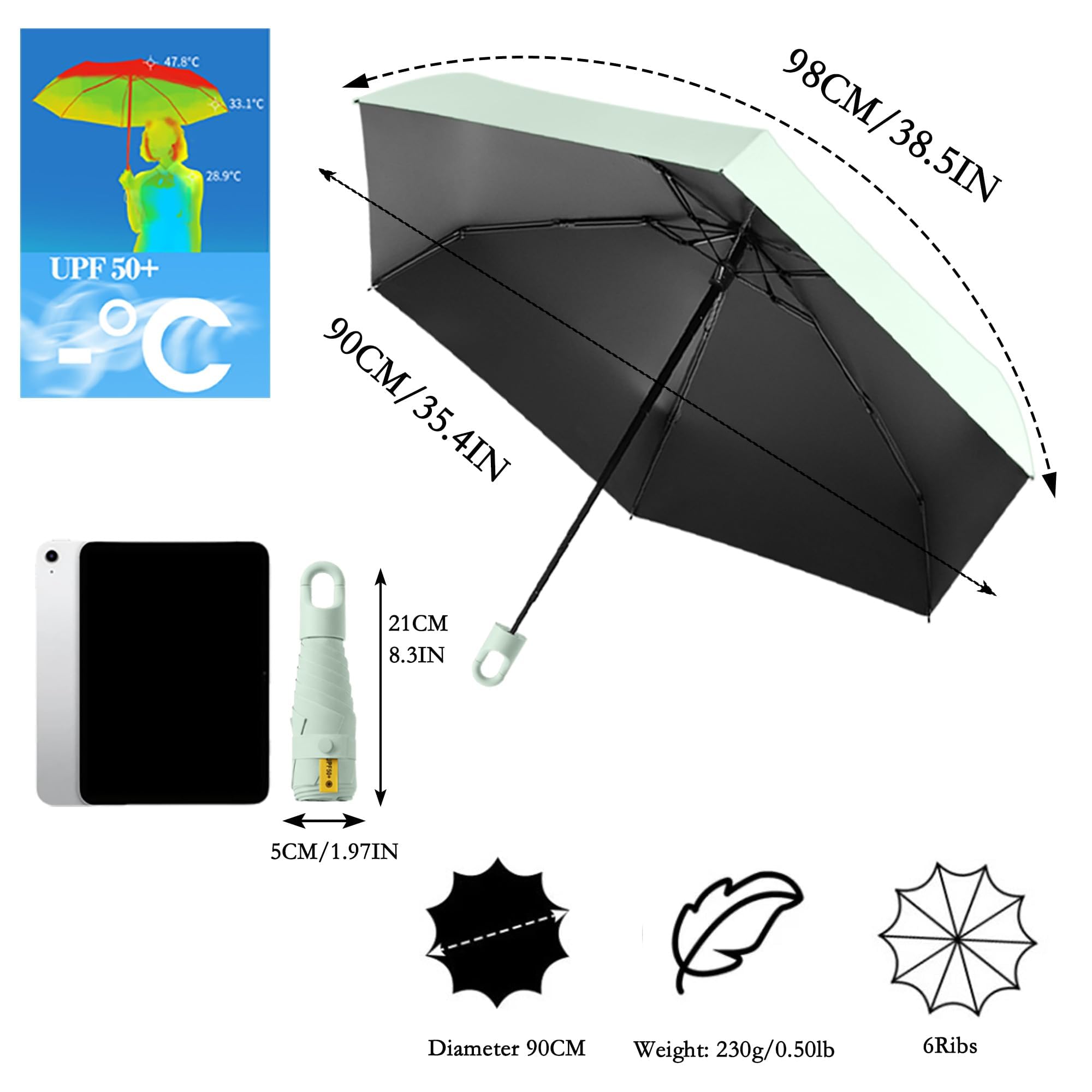 Paraguas Plegable Compacto para Viajar,Gire la Manija de Apertura y Cierre,Protección UV,UPF 50+,Recubrimiento de Teflón,6 Varillas,Mujeres y Niños,Mochila/Coche,Sombrilla Portátil,Lluvia y Sol