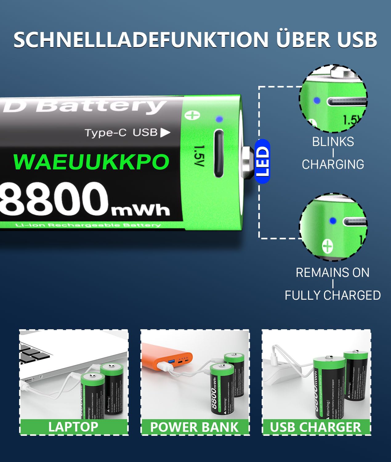 Batteria ricaricabile D, 8800 mWh, batterie al litio ad alta capacità, con cavo di ricarica USB-C, 1,5 V, dimensione D, LR20, batteria di ricambio per torcia, fotocamera, proiettore giocattolo (6
