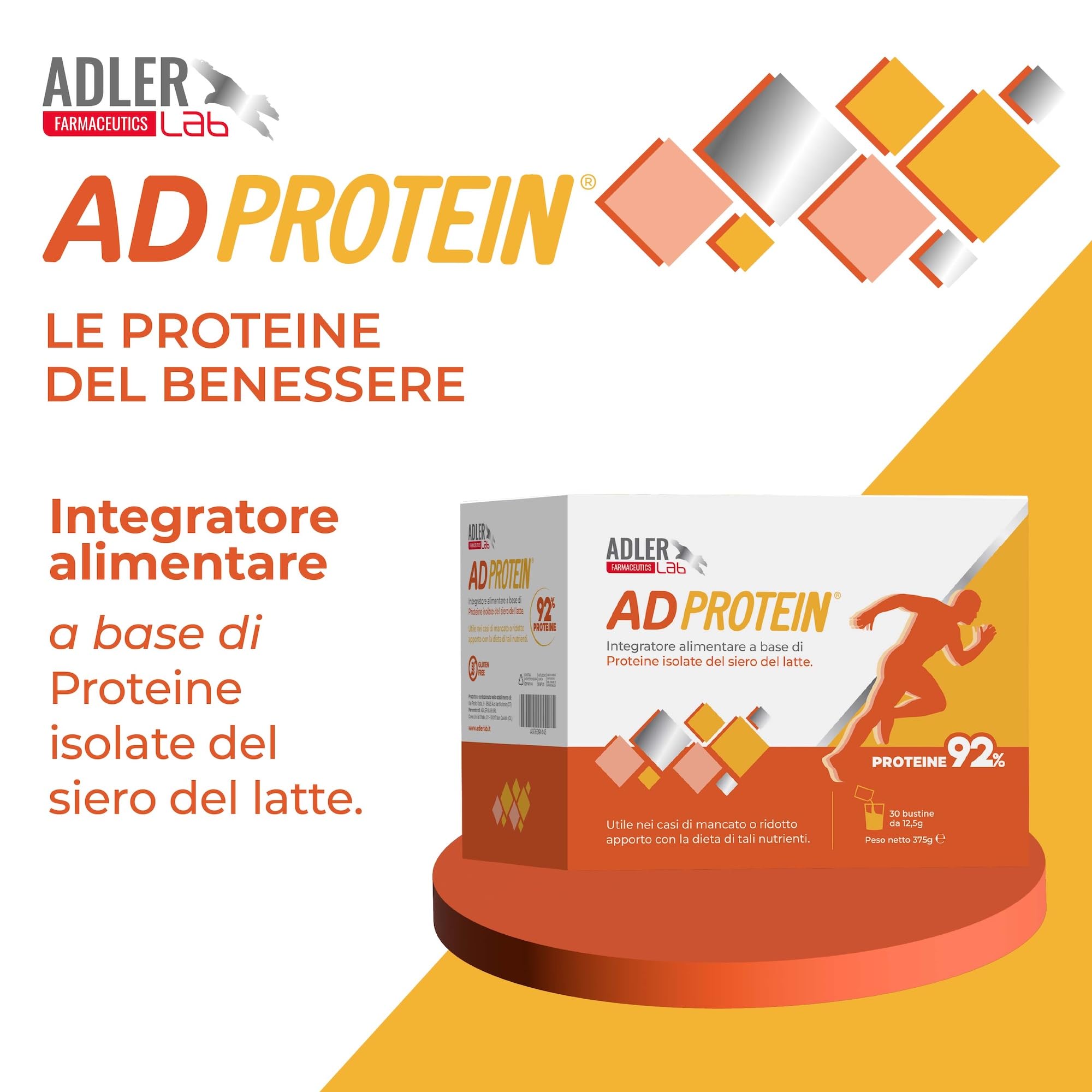 Adler Lab ADPROTEIN Integratore, 30 bustine con proteine isolate del siero del latte (92%). Rapido assorbimento, aminoacidi essenziali, basso lattosio (<1%), senza glutine. Per muscoli e recupero.