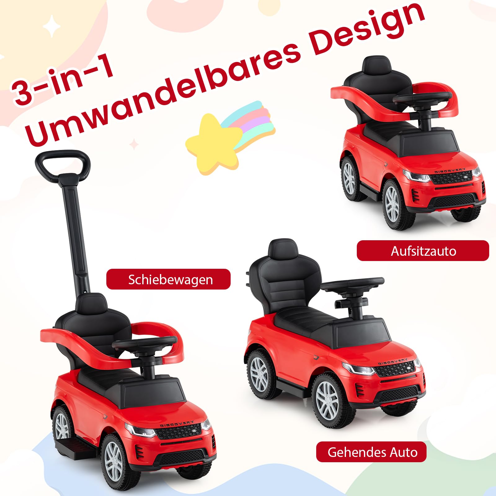 DREAMADE 3 in 1 Kinder Rutschauto, Schiebeauto mit abnehmbare Schiebestange, Kinderfahrzeug mit einziehbare Fußstütze, Kippschutz, Hupe, Stauraum, Rutschfahrzeug für Kinder ab 1 Jahr (Rot)