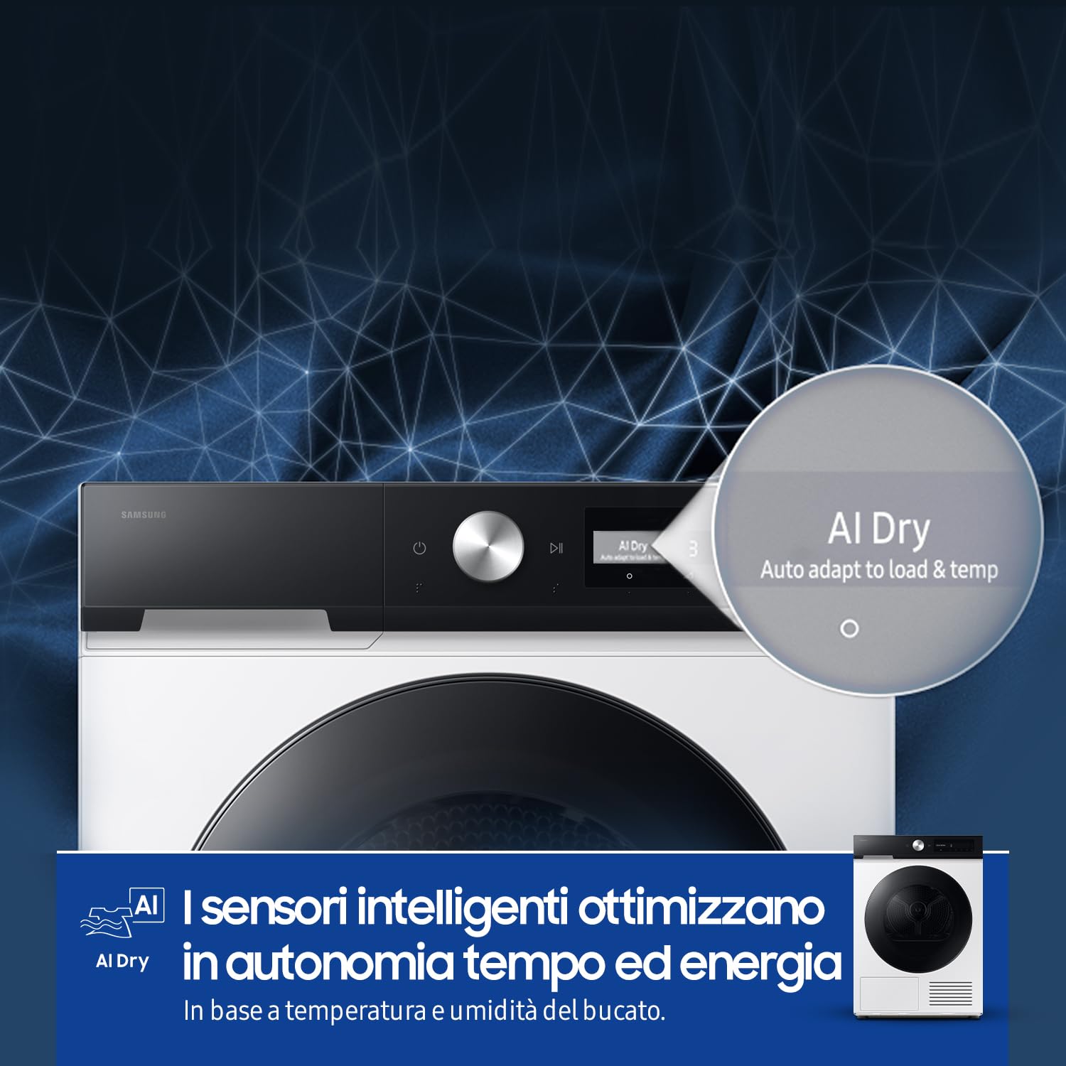 Samsung Asciugatrice Bespoke AI DV90DB7845GE/U3, 9 kg, Pompa di Calore, Wifi, QuickDrive, AI Dry, Sensore Optimal Dry, Display AI Control, Carica Frontale, 60L x 85H x 60P cm