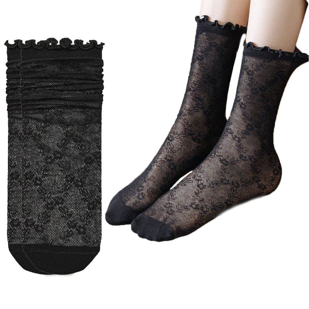Danlai Women's Black Lace Socks 2 Pairs Ultra-Thin Mesh Ankle Socks Breathable Casual Socks Elegant Socks Spring Summer Socks