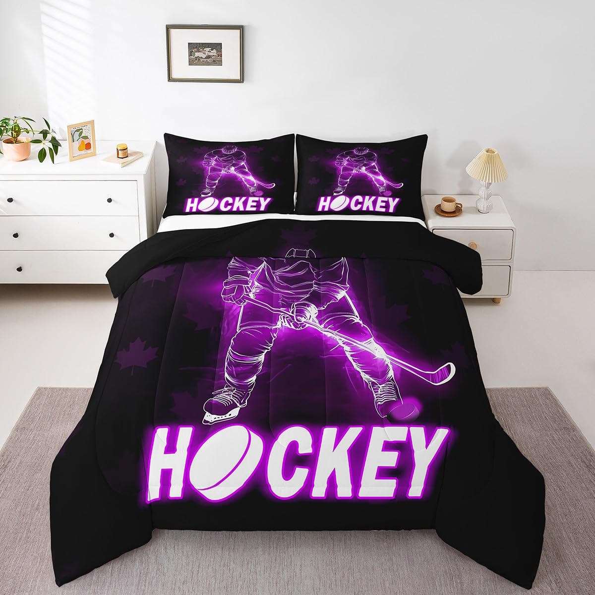 Ice Hockey Comforter Set for Girls,Pucks Winter Sports Games Theme Bedding Full,Ball Competitive Games Down Comforter,Hockey Player Duvet Insert
