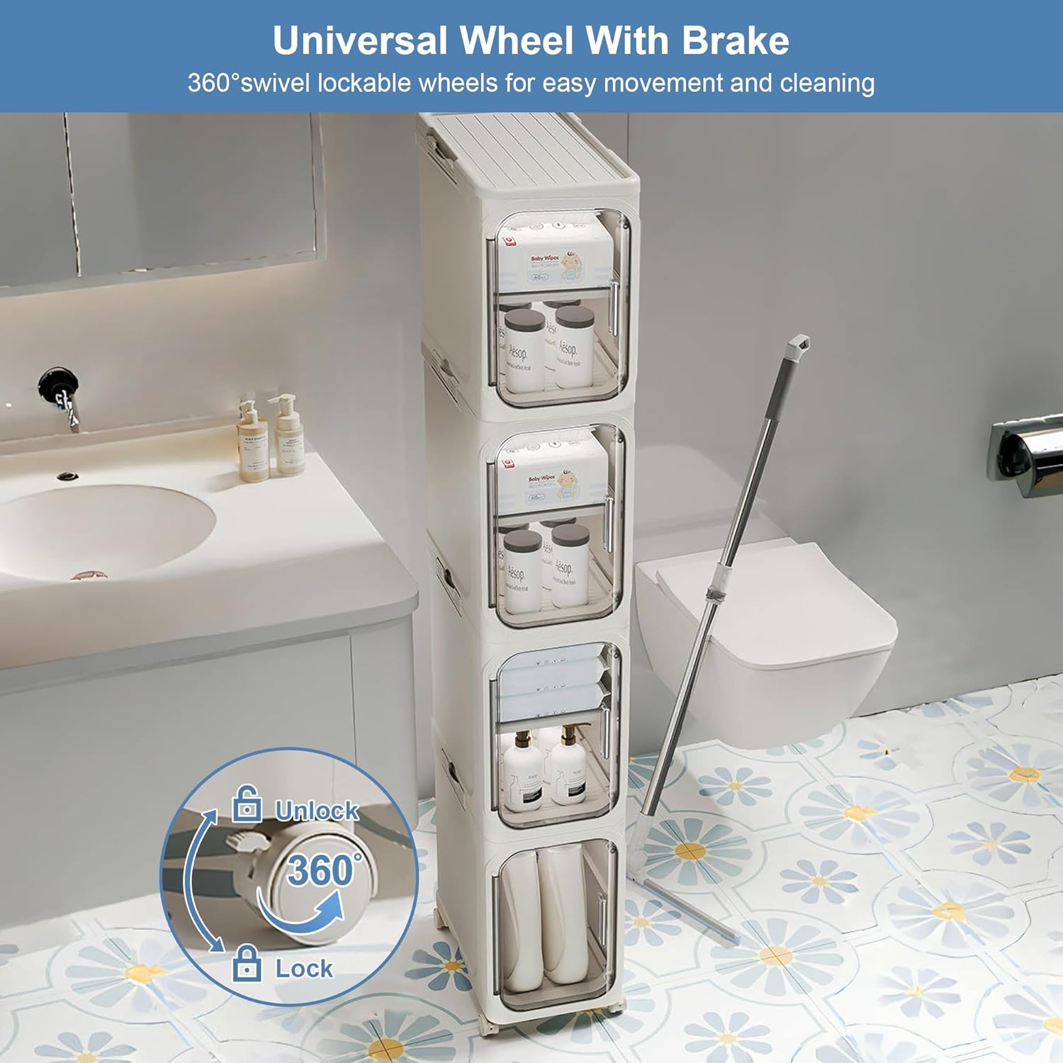 Hobetta 4-Tier 96QT Slim Bathroom Storage Cabinet, Tall Narrow Storage Cabinet with Doors and Adjustable Shelves, Wheels, Stackable & Collapsible Plastic Organizer for Small Spaces, Bathroom, White