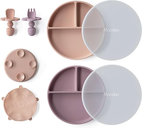 Moonkie Platos de Silicona para Bebé, 2 Piezas Antivuelco Con Tenedor y Cuchara, Ventosa, Sin BPA, Apto para Lavavajillas, Refrigeradores y Microondas (Blush/Malva)