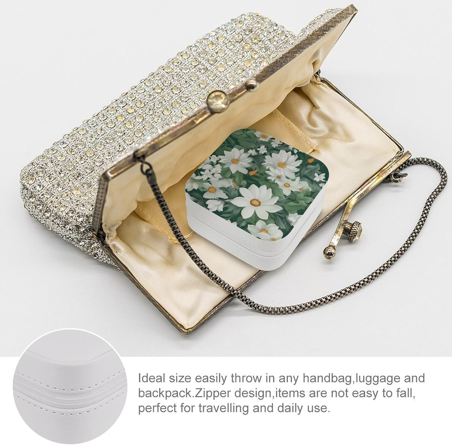 PU Leather Storage Box,Green Leaves And White Flowers Printed Portable Jewelry Box Mini Travel Storage Box Women's Jewelry Storage Rack for Necklace Earrings Bracelets Rings image 3