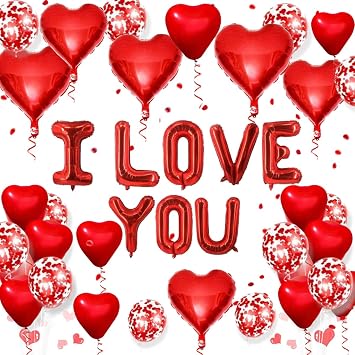 I LOVE YOU Balloons - Valentines Day Decorations With Red Heart Foil and Heart Shaped Balloons for Girlfriend Boyfriend Anniversary