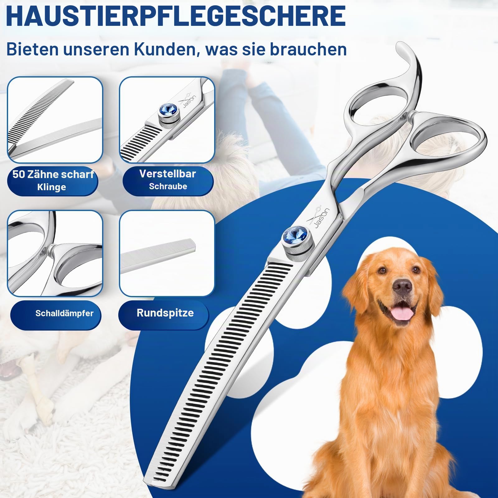 JASON Professionelle Effilierschere für Hunde - nach Unten Gebogene Ausdünnungsschere für Hunde, Professionelle Fellschere für Groomer 7 Zoll 50 Zähne aus japanischem 440C-Edelstahl