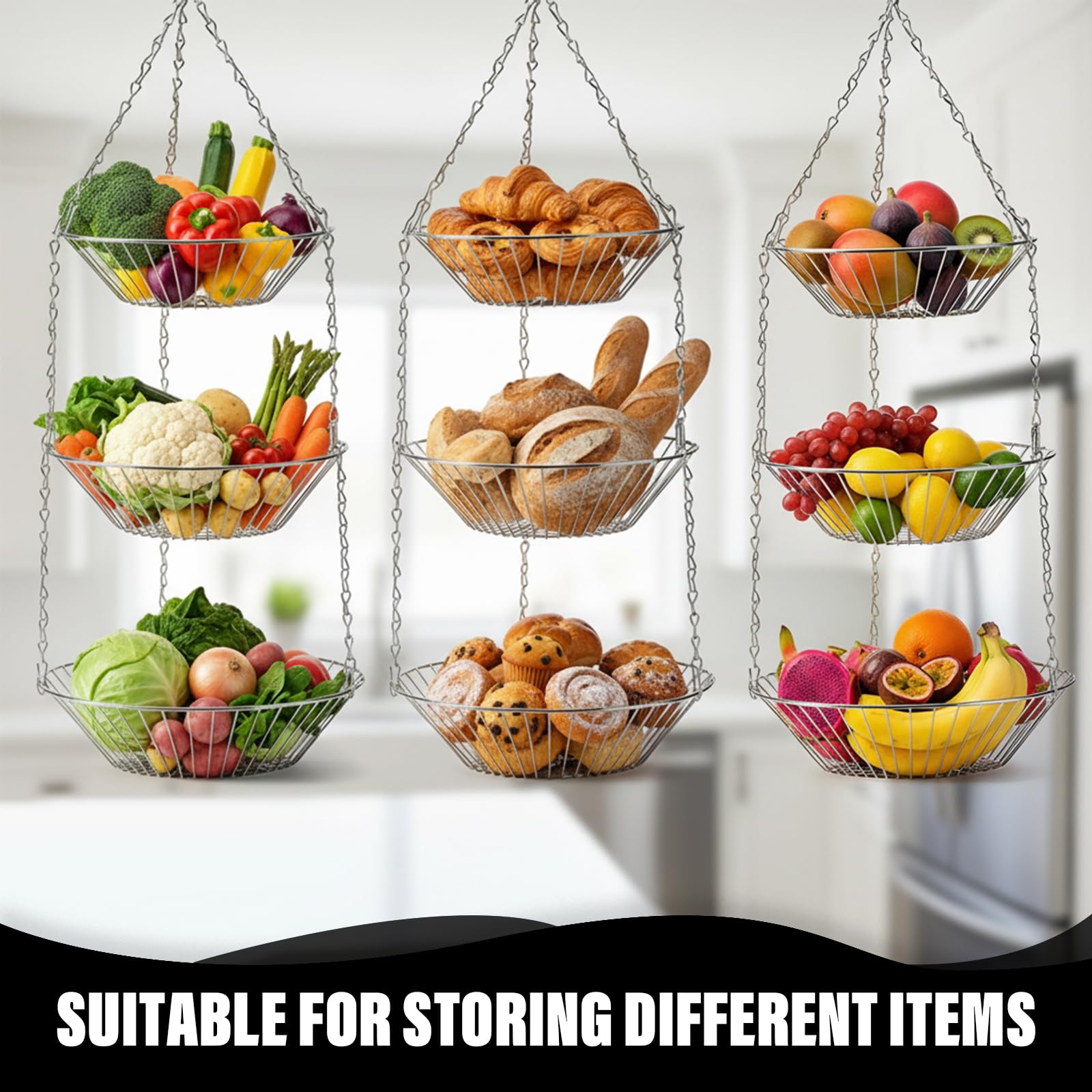 Edelstahl Hängender Obstkorb, Metall Hängender Obstkorb mit Haken, H x D: 74 x 28 cm, Obstschale, Ideal zur Aufbewahrung von Obst, Gemüse, Brot und Lebensmitteln