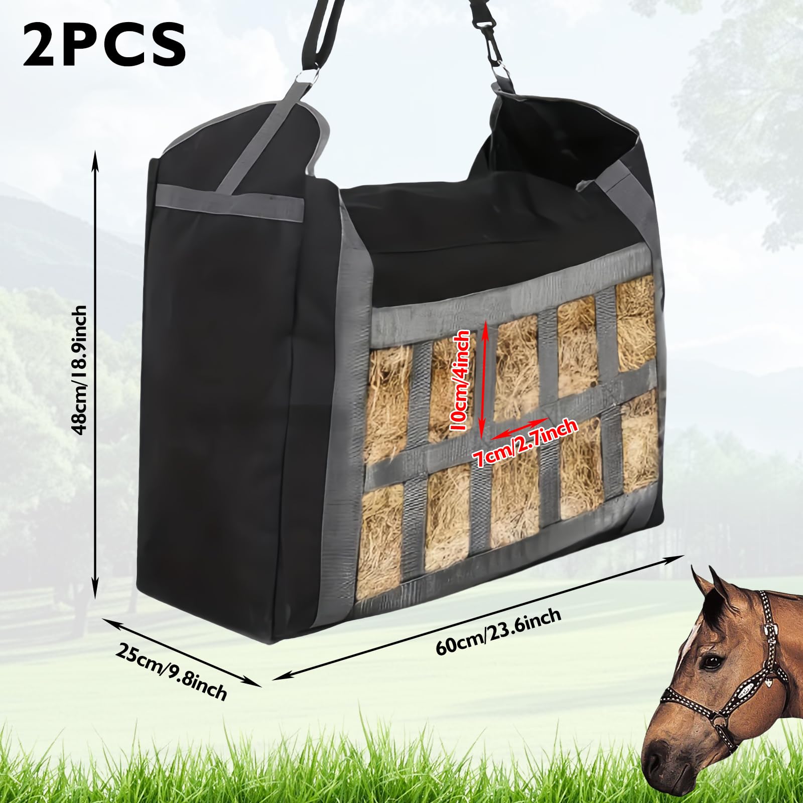 Sac à foin de qualité supérieure pour chevaux : filet à foin à mailles étroites grand, sac à foin pour chevaux, filet individuel 10 x 6,9 cm, filet d'alimentation robuste, râtelier à foin
