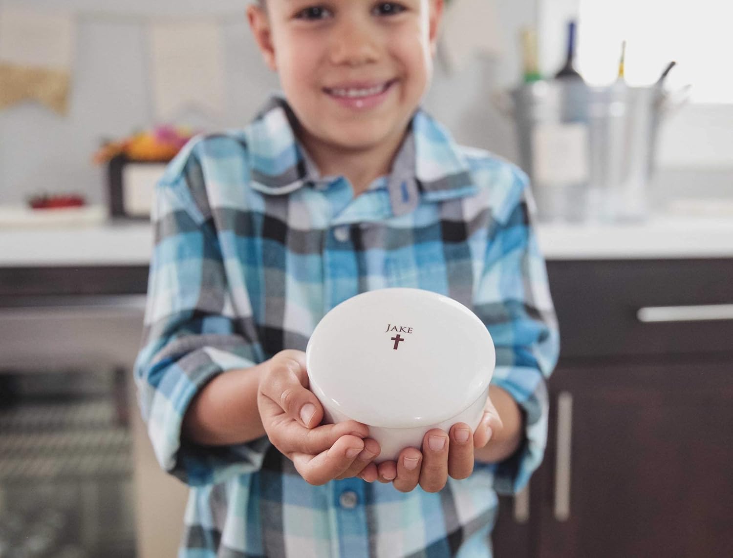 Susabella Personalized Baptism Gift, First Communion Gift or Confirmation Gift - with Have Adventures saying - Round Keepsake Box