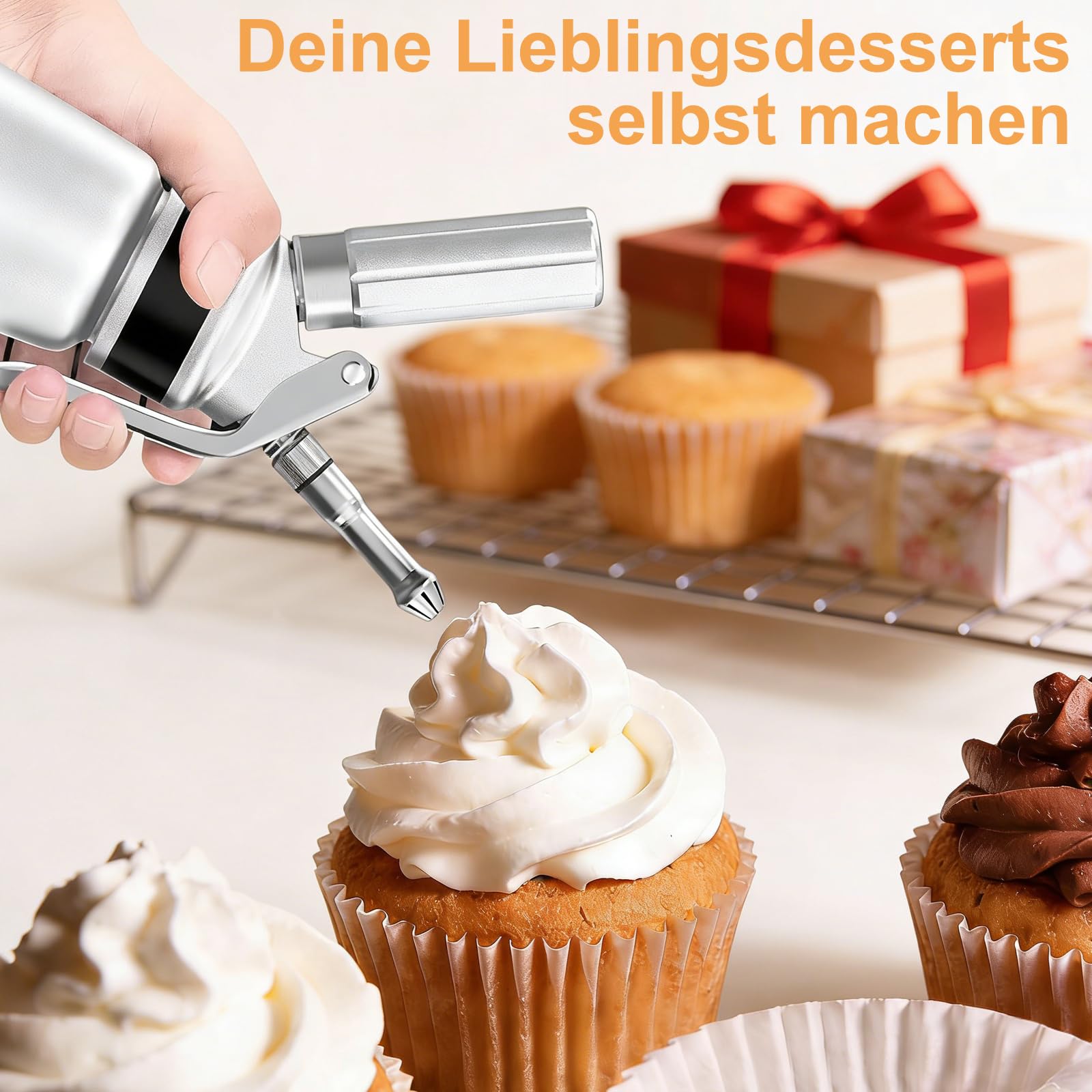 Aluminium Sahnespender, Auslaufsicher, mit Sahnekapseln & Reinigungsbürste, 500 ml