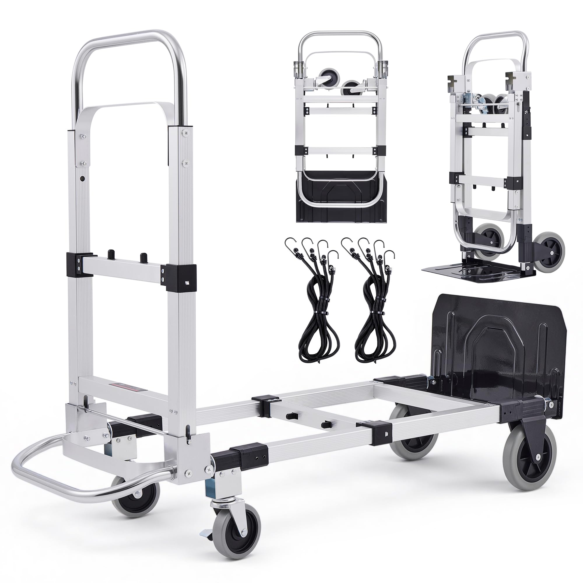 CREWORKS Carretilla Plegable de Aleación de Aluminio 2 en 1, Capacidad Máxima de Carga de 270kg Carro Plegable con Ruedas Bloqueables y 2 Correas para Mudanzas de Casas Estudio y Supermercados
