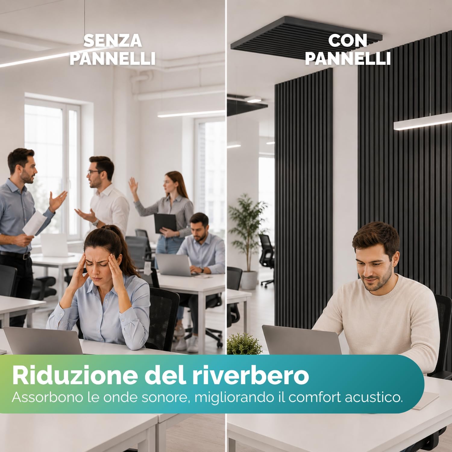 Paluplus Set 4 Pannelli Fonoassorbenti con Doghe Effetto Legno, Misura 120x60 cm - 2,88 ㎡, Pannello 3D Spessore da 2,1 cm, Rivestimento Acustico Decorativo per Pareti e Soffitti -4544M -22 (Nero)