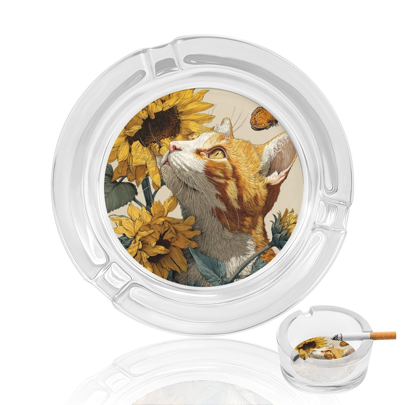 Sunflower Cute Cat with Butterfly Glass Ashtray for Cigarettes Portable Decorative Ash Trays for Home Office Decor