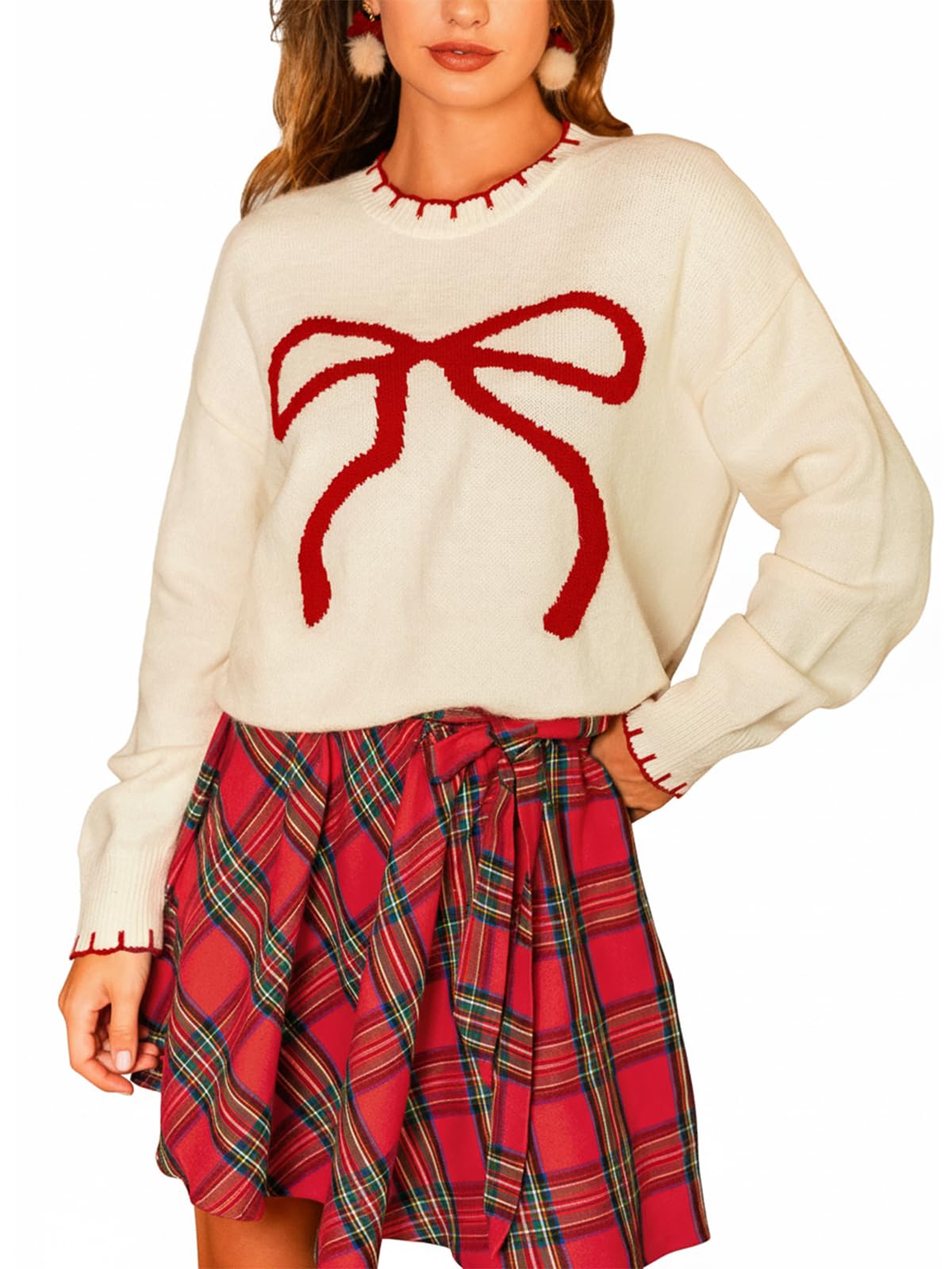 CUPSHE Womens Long Sleeve Christmas Fall Sweater Crewneck Pattern Loose Fit Pullover Holiday Sweater Knit Top