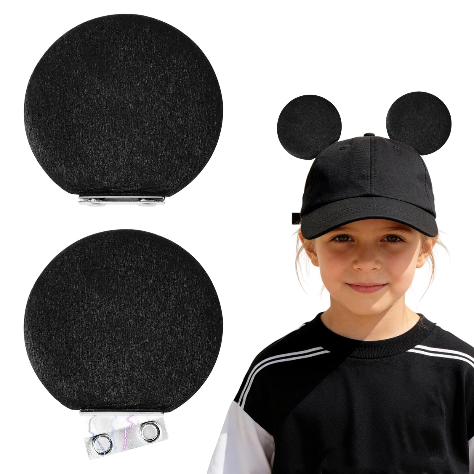 Cunegra Magnetic Mouse Ears for Hats, Removable Magnet Minni Ear for Cap, Detachable Ear Clips for Baseball Hat, Clip-On Hat Accessory for Men Women Boys and Girls Black
