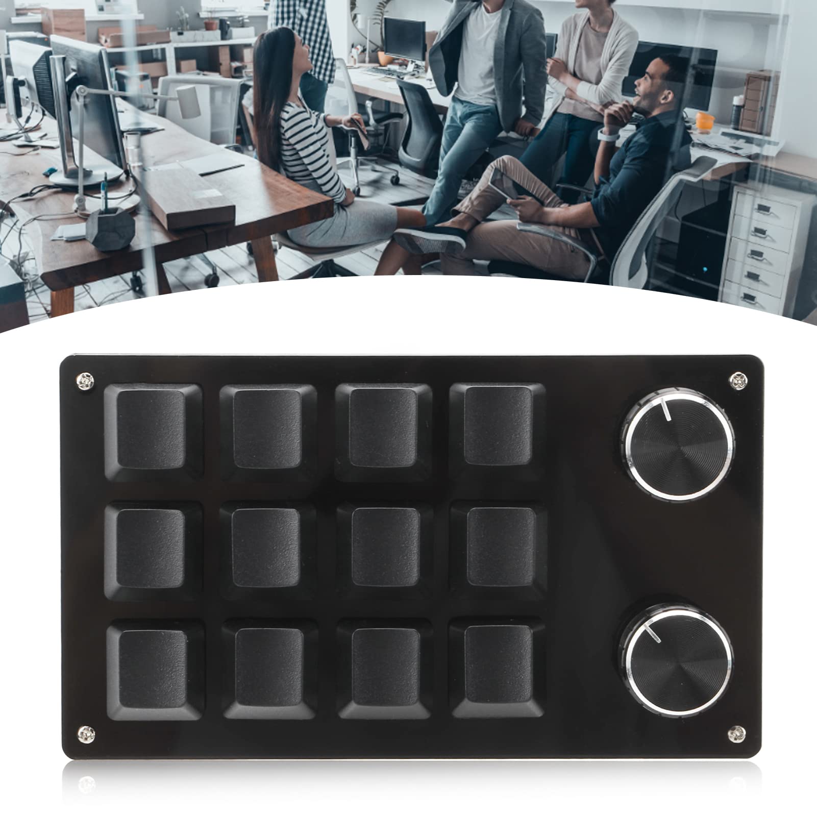 Front view of the EIMSOAH 12 Key Programmable Mini Keyboard with Knob, showcasing its black keys and two silver knobs.