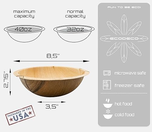 Miniatura 2 de ECODECO Platos compostables de hoja de palmera, 25 piezas, cuencos grandes de 40 onzas de 8.5 pulgadas, desechables, ecológicos, como platos de