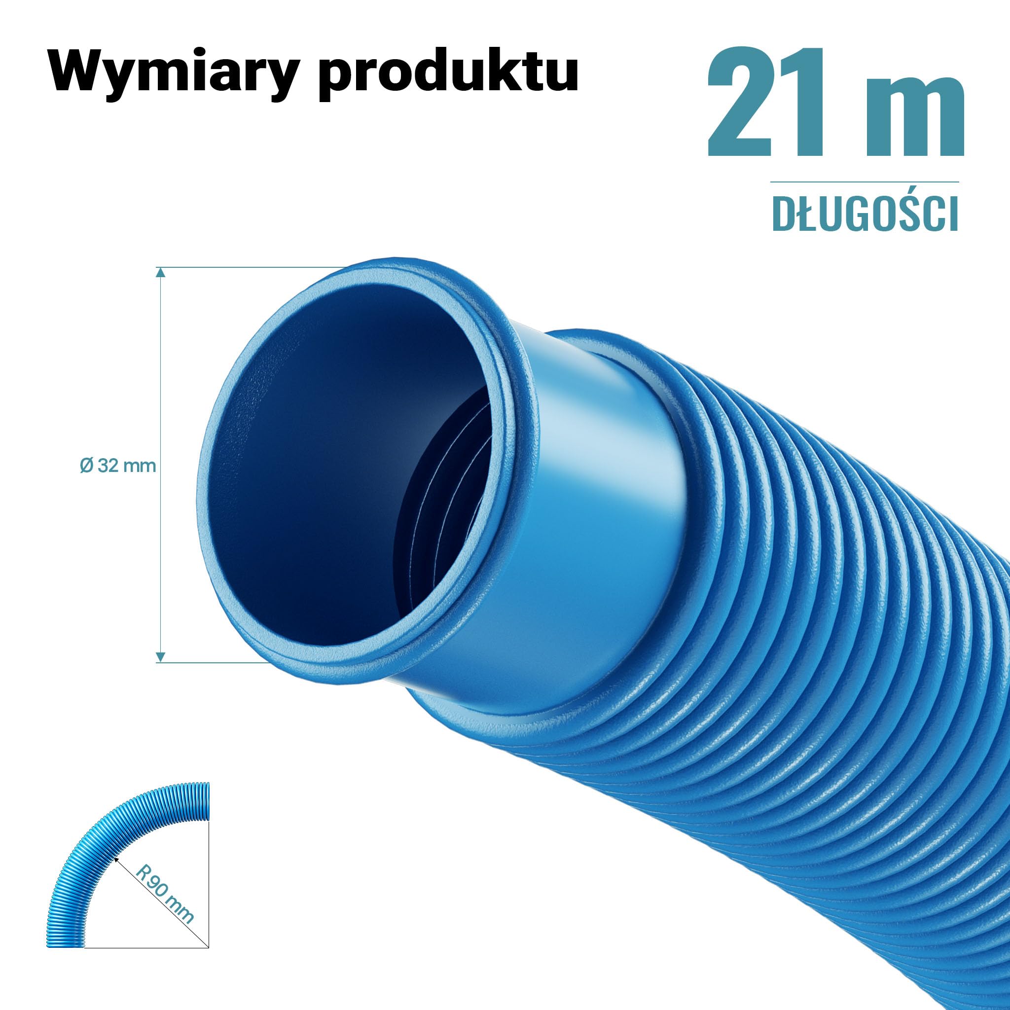Wiltec Wąż do basenu o długości 21 m, Ø 32 mm niebieski wąż ssący do pompy basenowej z mufami, wąż solarny - Made in EU