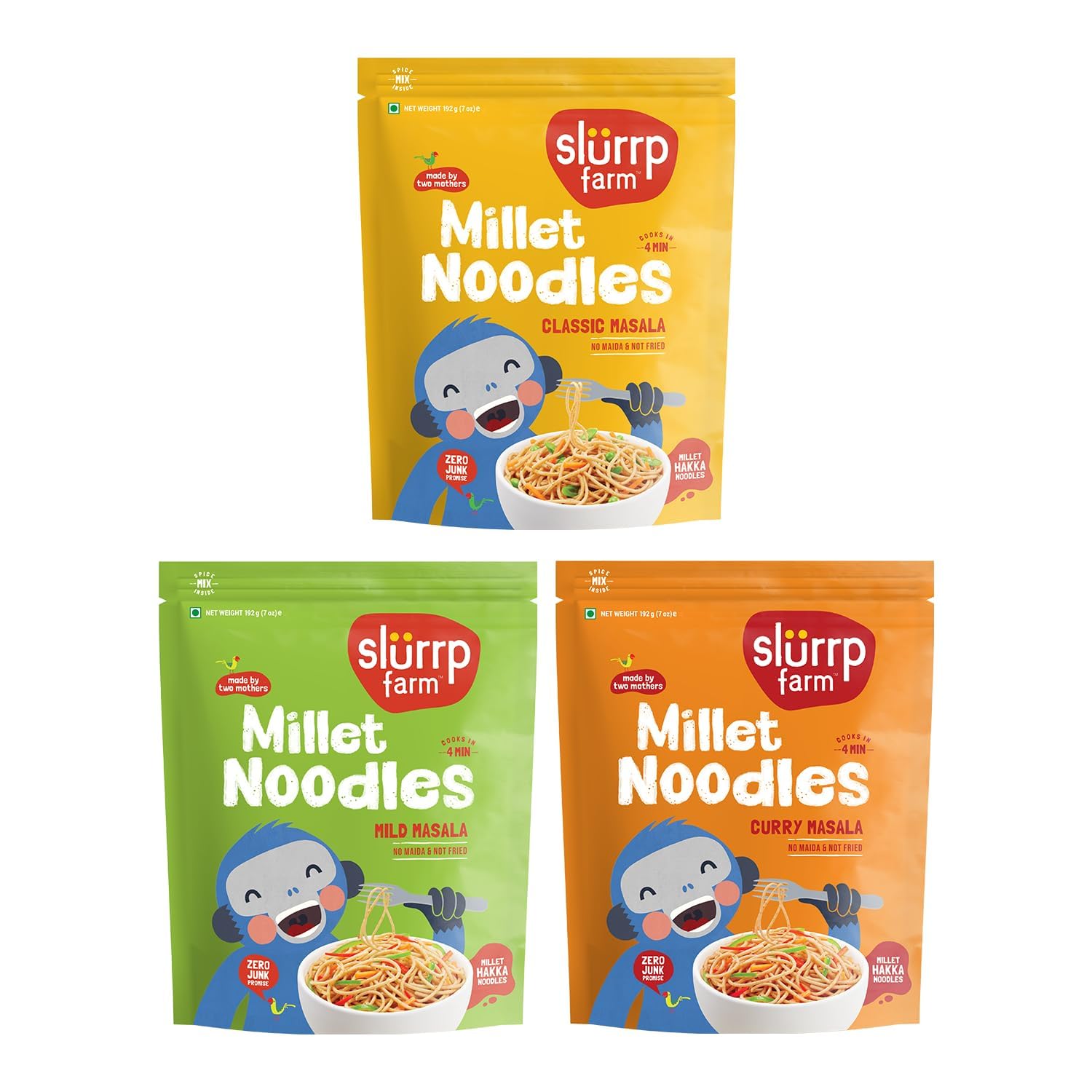 Slurp Farm No Maida Hakka Noodles Combo, Not Fried, No MSG, Classic, Mild and Curry Masala Millet Noodles, Pack of 3 X 192g