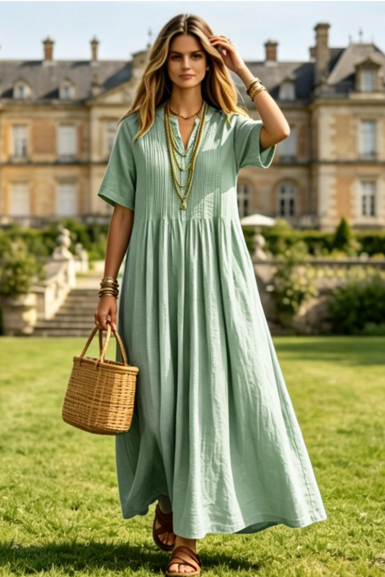 VEVESMUNDO Damen Leinenkleider Baumwolle Sommer Maxikleid