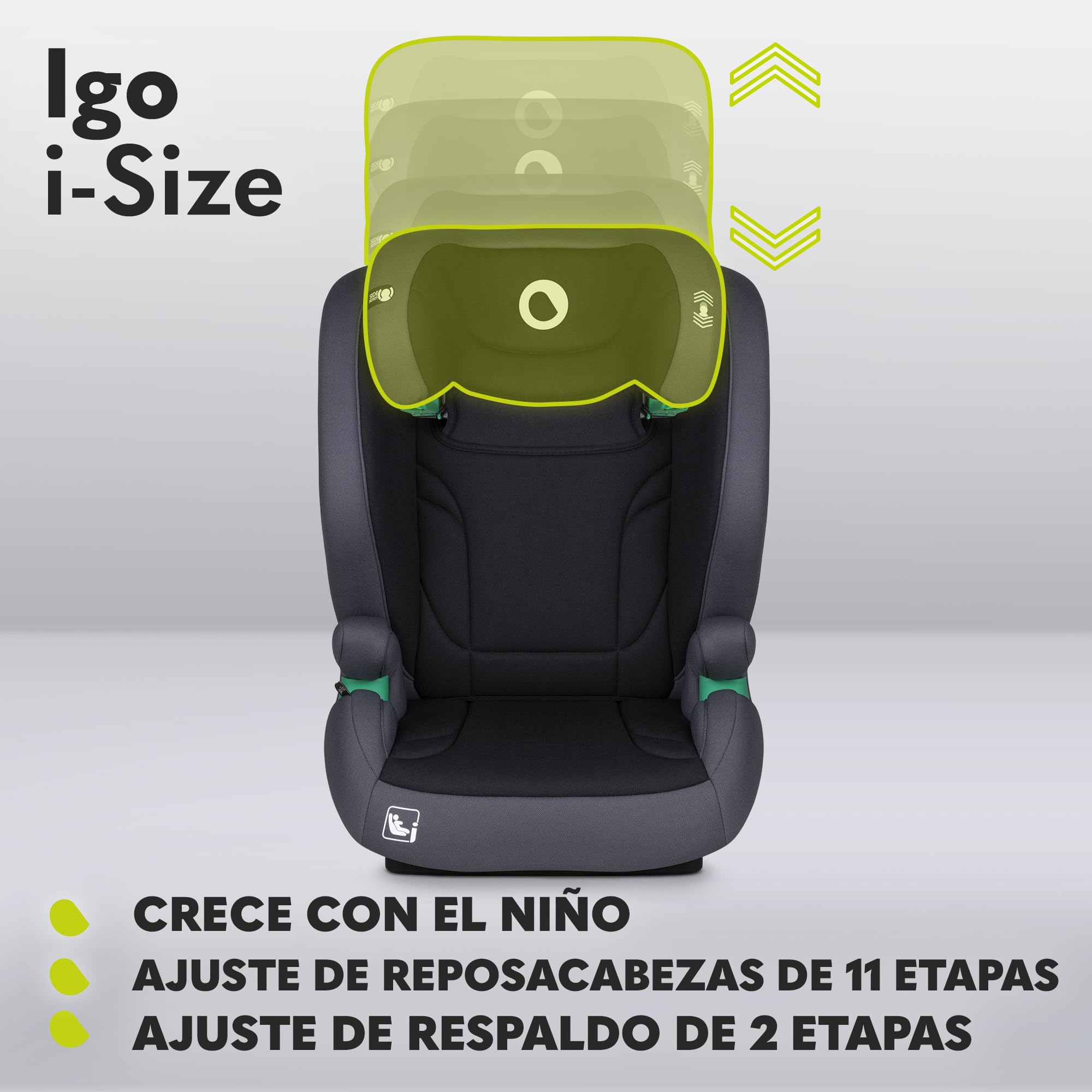 LIONELO IGO I-size Asiento infantil para coche, grupo 2 3, de 100-150 cm ISOFIX o fijación frontal sin correa, respaldo y reposacabezas ajustables con respaldo extraíble de espuma viscoelástic (Grey) | ISOFIX o Fijación Frontal sin Correa