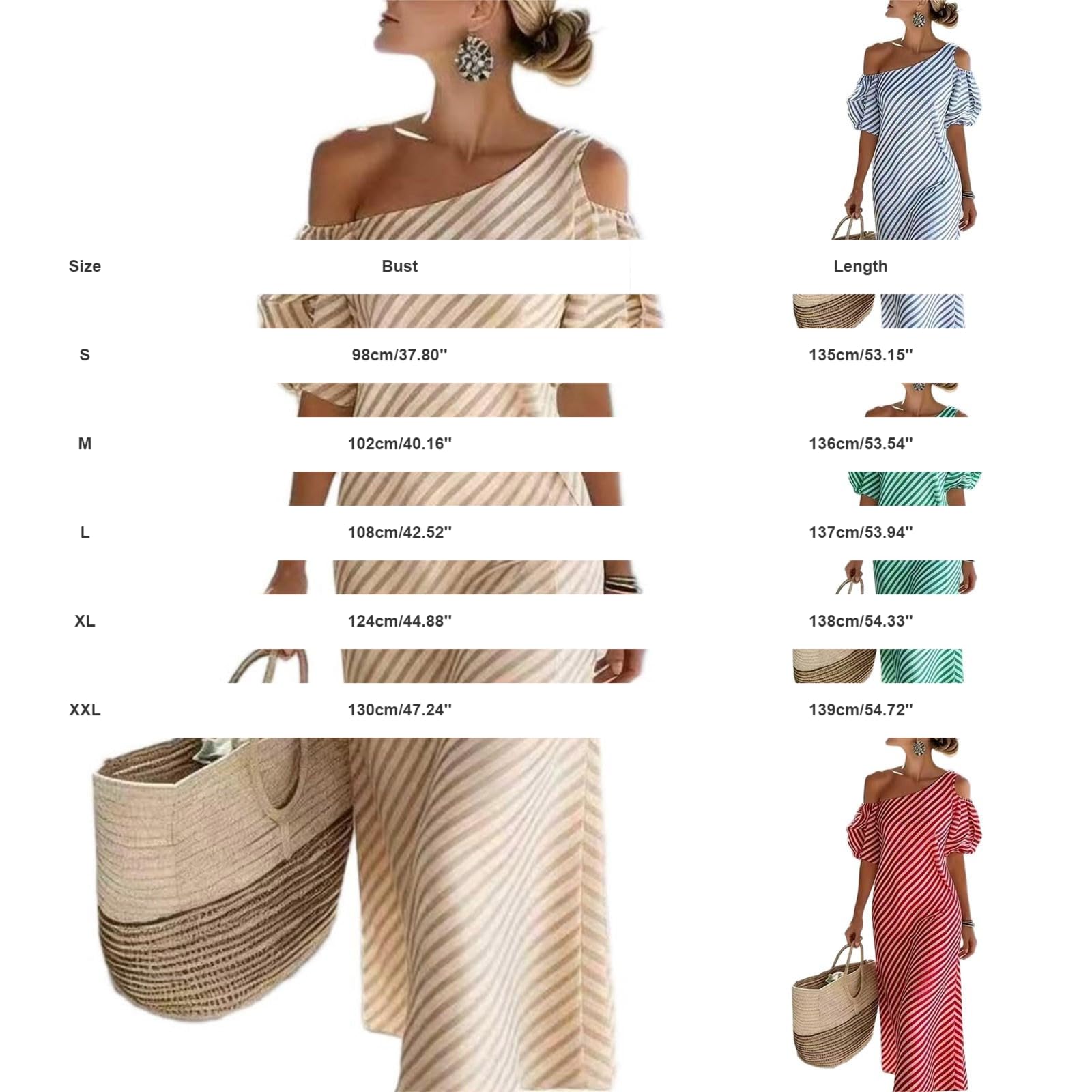 Vestiti Sexy A Tubino Abito Lungo da Donna Estivo 2026 a Righe Monospalla con Maniche a Sbuffo, Ideale per Le Vacanze e per Tutti i Giorni. Vestiti Lungo Estivi