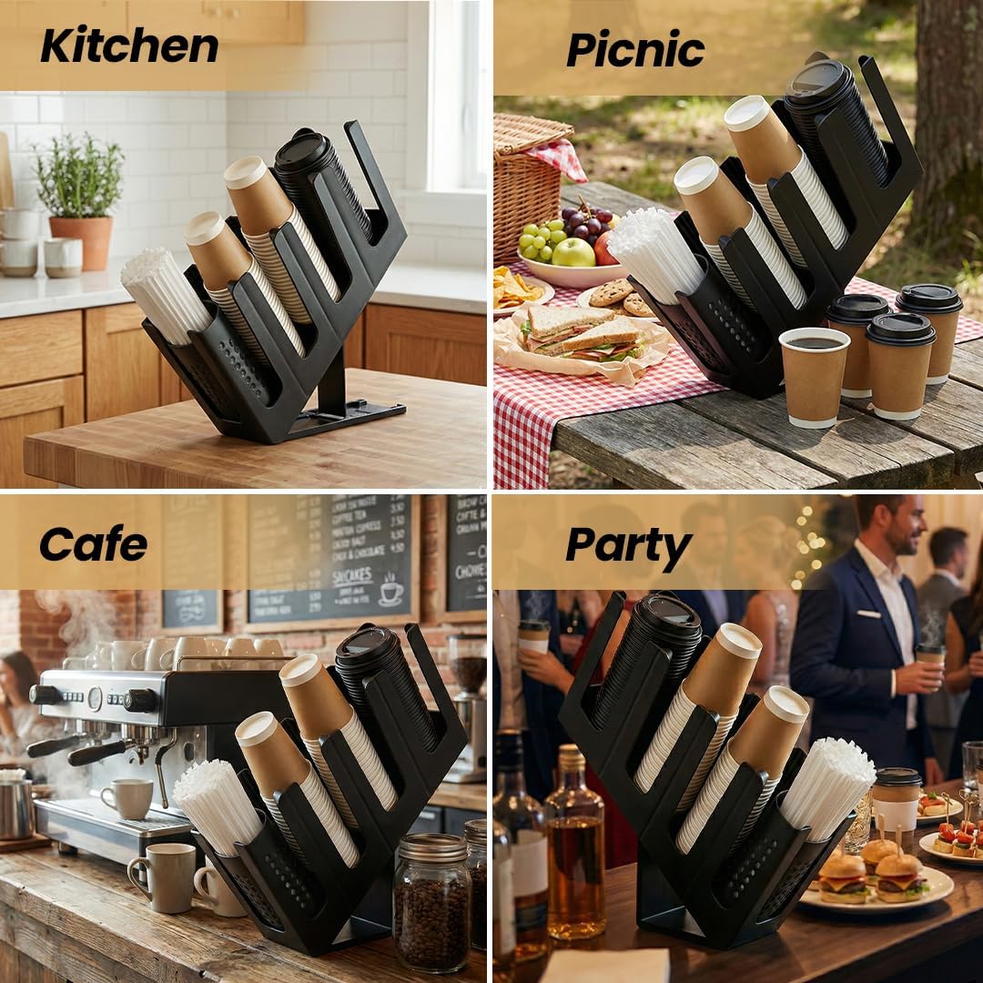 Coffee Cup & Lid Dispenser with Straw Organizer for Countertop – 4 Level Adjustable Paper Cup Holder for Coffee Bar, Café & Restaurant