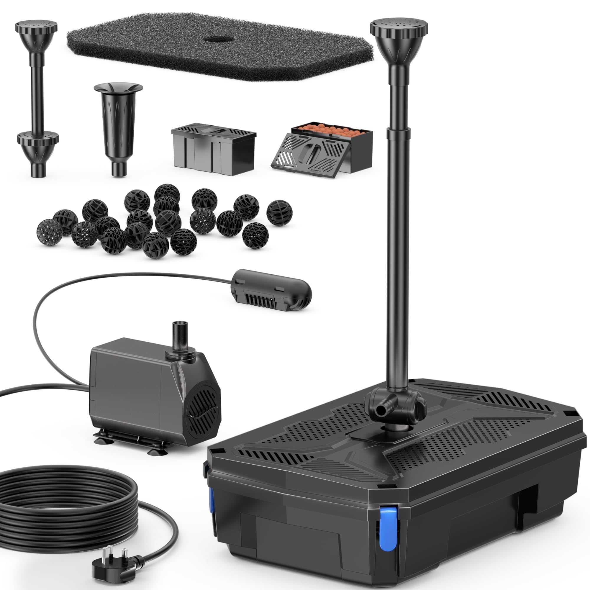 Biling Pond Filter Pump with UV Clarifier Light 2500L/H All-in-One Pond Fountain with 3 Nozzles Water Flow Valve for Garden Ponds Water Feature 600-4000 litres, for Fish Care and Algae Control - 1